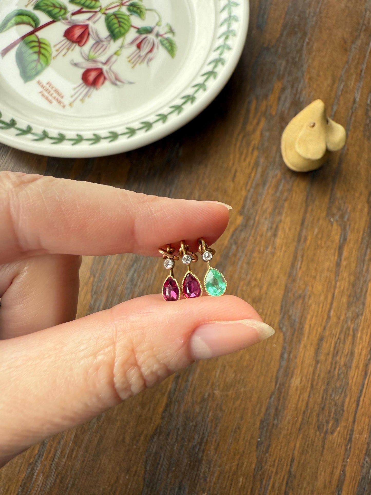 One Teardrop EMERALD VICTORIAN Antique Rose Cut DIAMOND Dangle Pendant Charm 18k Gold French Belle Epoque Pear 3 Avail