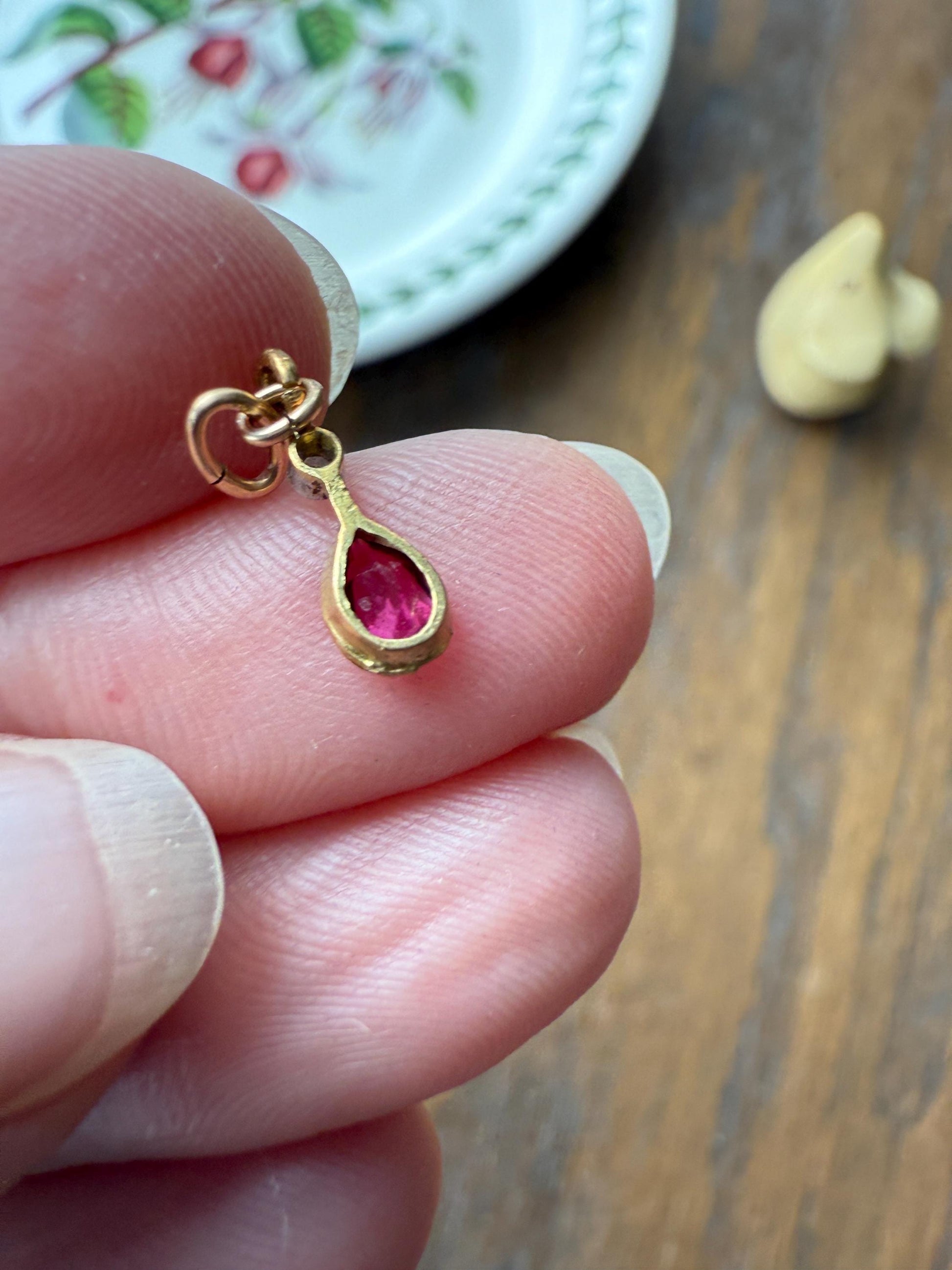 One Teardrop RUBY VICTORIAN Antique Rose Cut DIAMOND Dangle Pendant Charm 18k Gold French Belle Epoque Pear 3 Avail