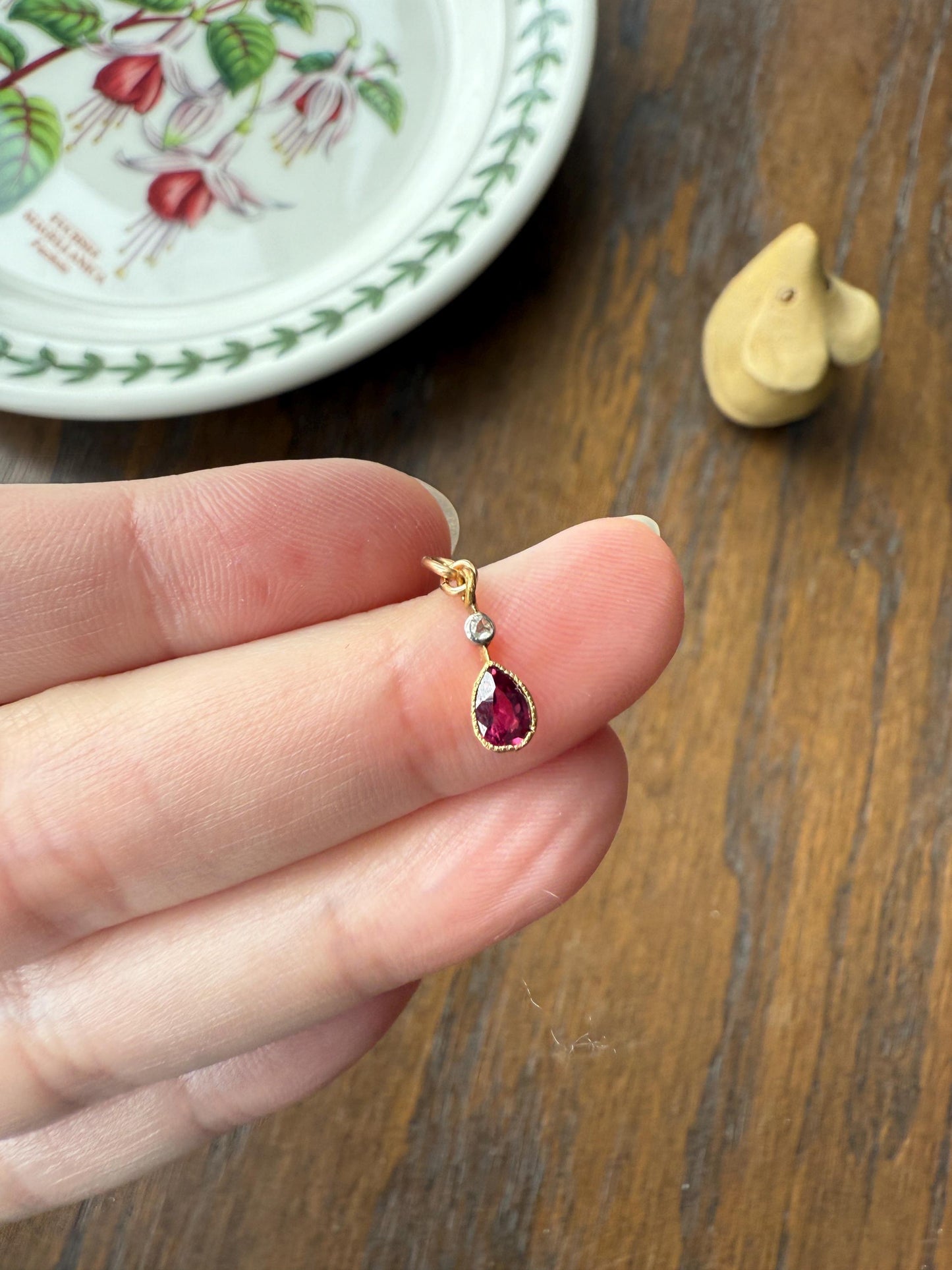One Teardrop RUBY VICTORIAN Antique Rose Cut DIAMOND Dangle Pendant Charm 18k Gold French Belle Epoque Pear 3 Avail