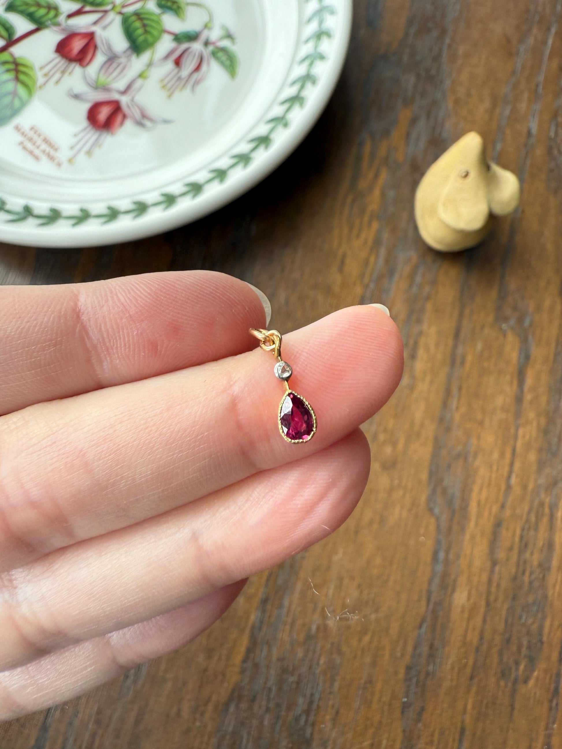 One Teardrop RUBY VICTORIAN Antique Rose Cut DIAMOND Dangle Pendant Charm 18k Gold French Belle Epoque Pear 3 Avail