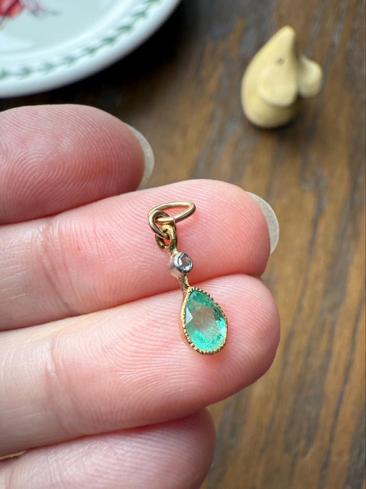 One Teardrop EMERALD VICTORIAN Antique Rose Cut DIAMOND Dangle Pendant Charm 18k Gold French Belle Epoque Pear 3 Avail
