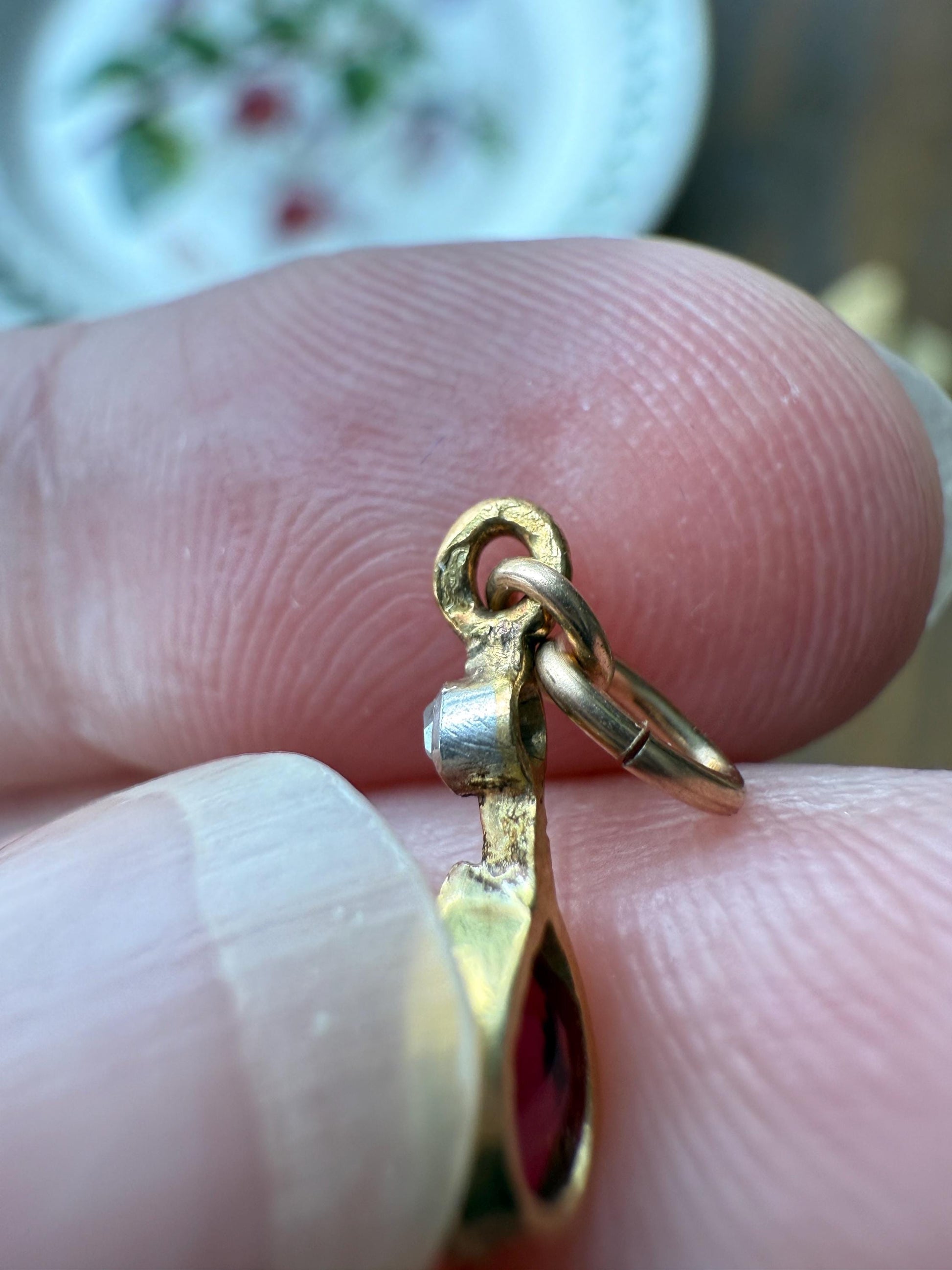 One Teardrop EMERALD VICTORIAN Antique Rose Cut DIAMOND Dangle Pendant Charm 18k Gold French Belle Epoque Pear 3 Avail