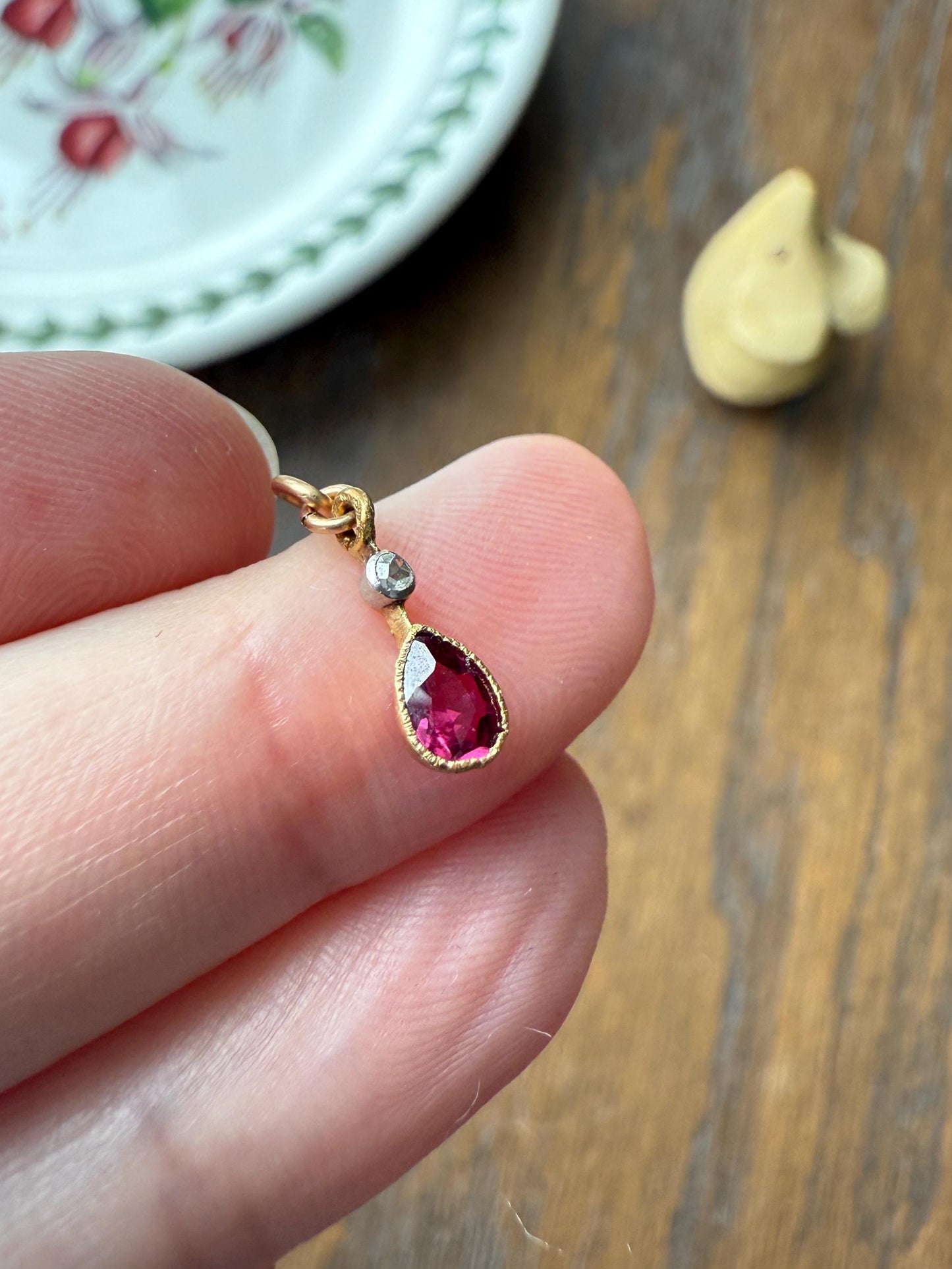 One Teardrop RUBY VICTORIAN Antique Rose Cut DIAMOND Dangle Pendant Charm 18k Gold French Belle Epoque Pear 3 Avail