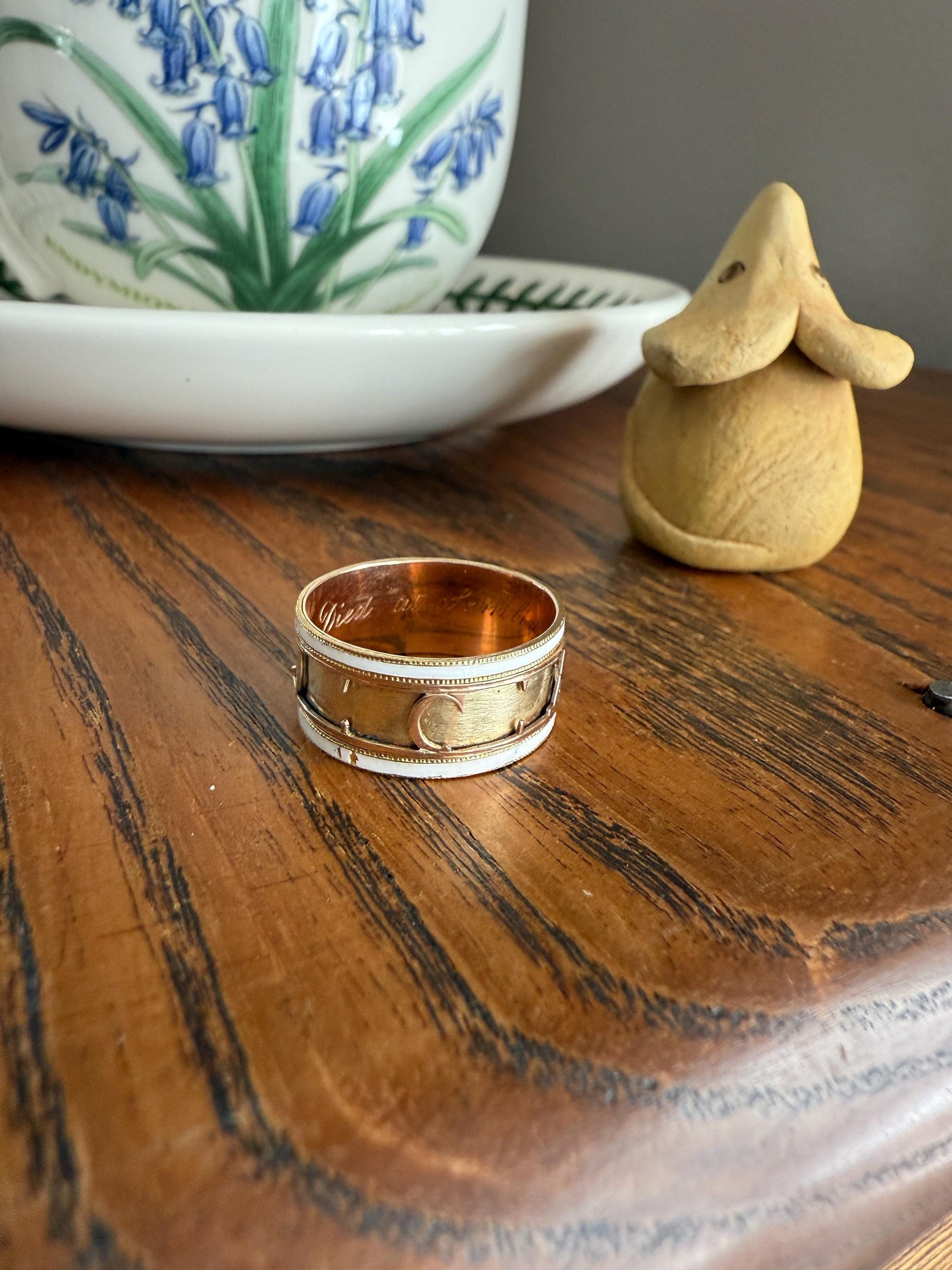 Georgian Era Dated 1789 Cigar Band Mourning Ring White Enamel 14k Gold Engraved "Died at Semlin" Military Significance