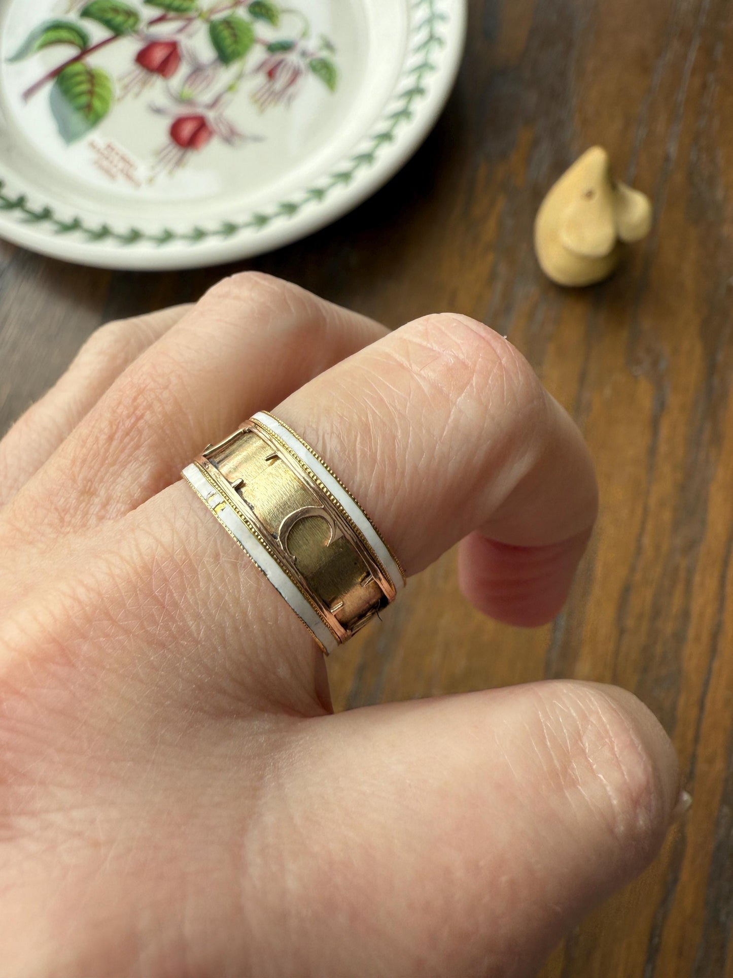 Georgian Era Dated 1789 Cigar Band Mourning Ring White Enamel 14k Gold Engraved "Died at Semlin" Military Significance