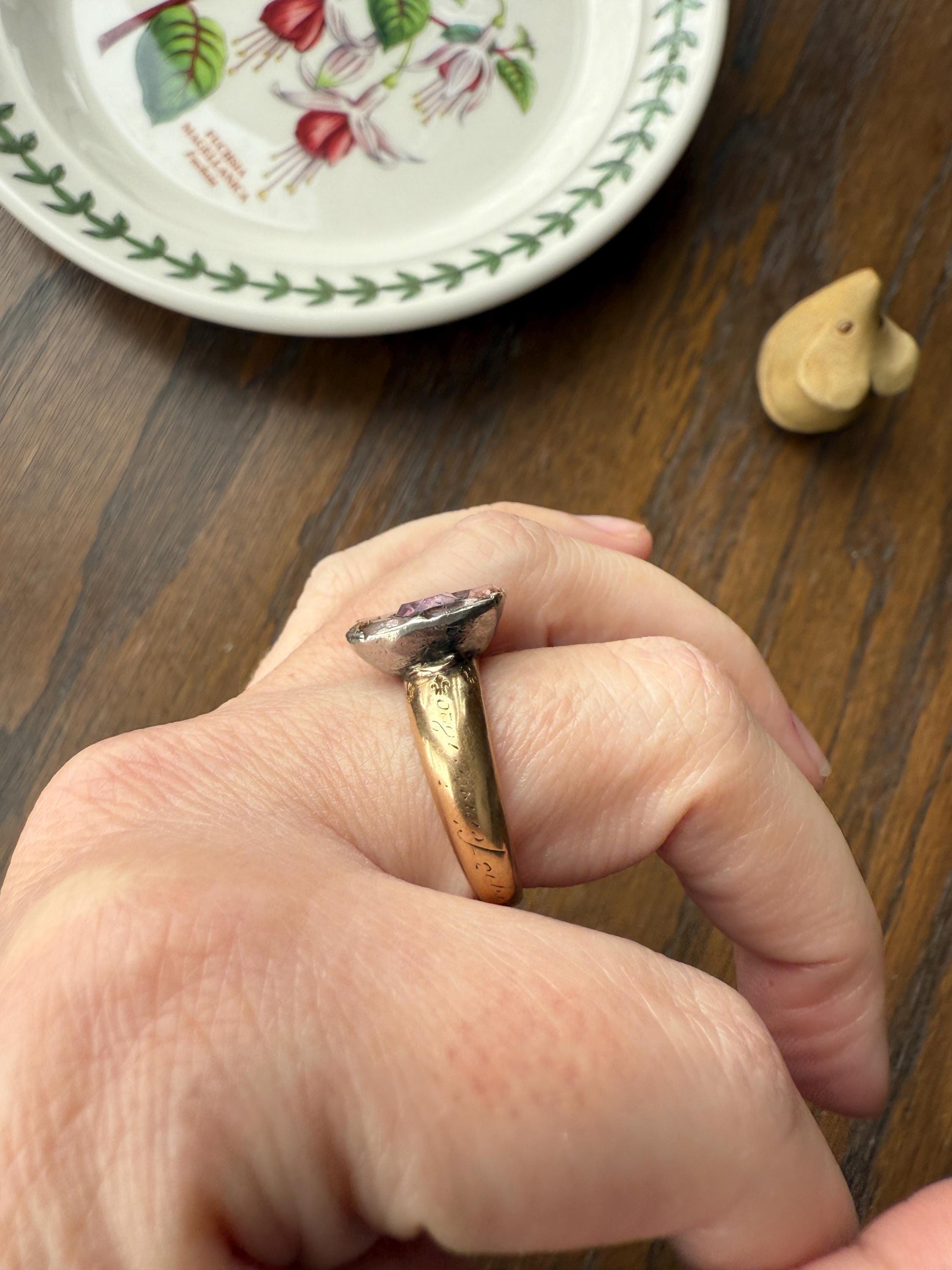 Antique Dated 1820 French Restoration Loyalty Ring Pink Topaz Quartz Engraved Charles Ferdinand Duke Historical Significance Militaria