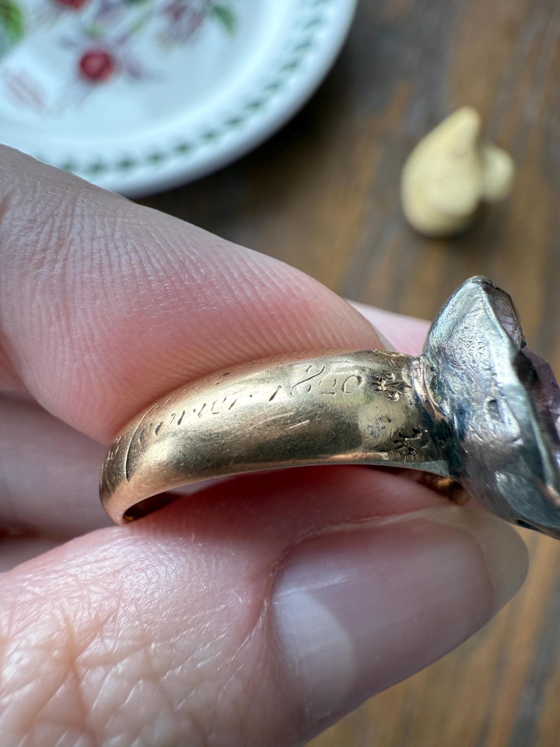 Antique Dated 1820 French Restoration Loyalty Ring Pink Topaz Quartz Engraved Charles Ferdinand Duke Historical Significance Militaria