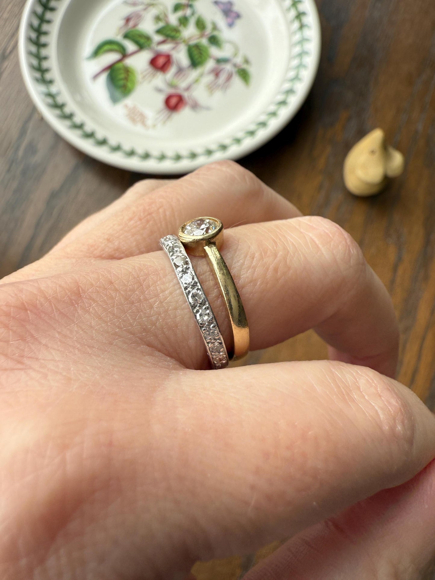 Vintage DIAMOND Bezel Set Ring Stacker Band 14k Gold Solid Geometric Engagement Gift Unisex