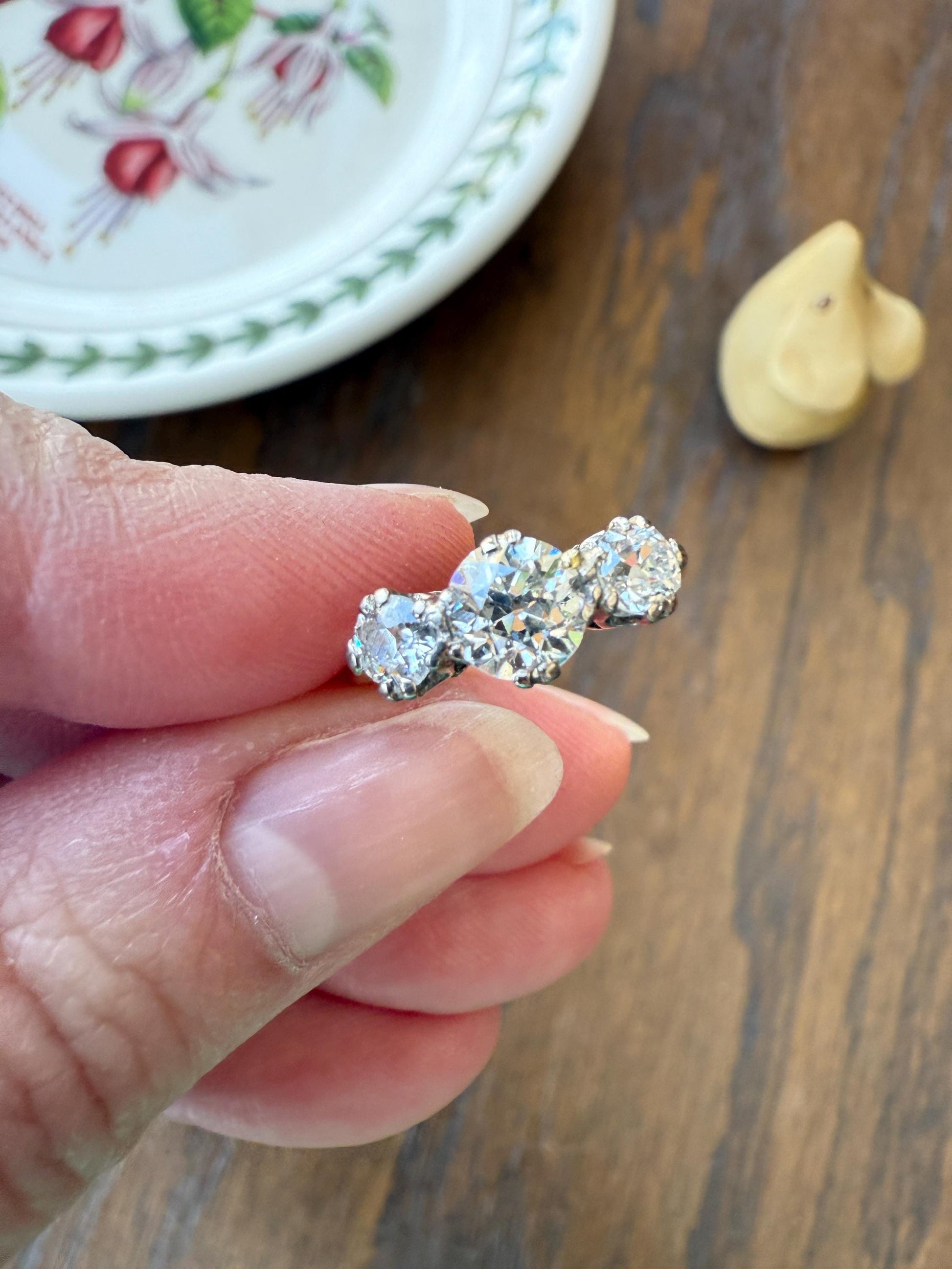 Antique Three Stone 1.25 Carat Old Mine Cut DiAMOND Ring 18k GOLD Stacker Band 1.25Ctw OMC Trilogy Anniversary Wedding Engagement