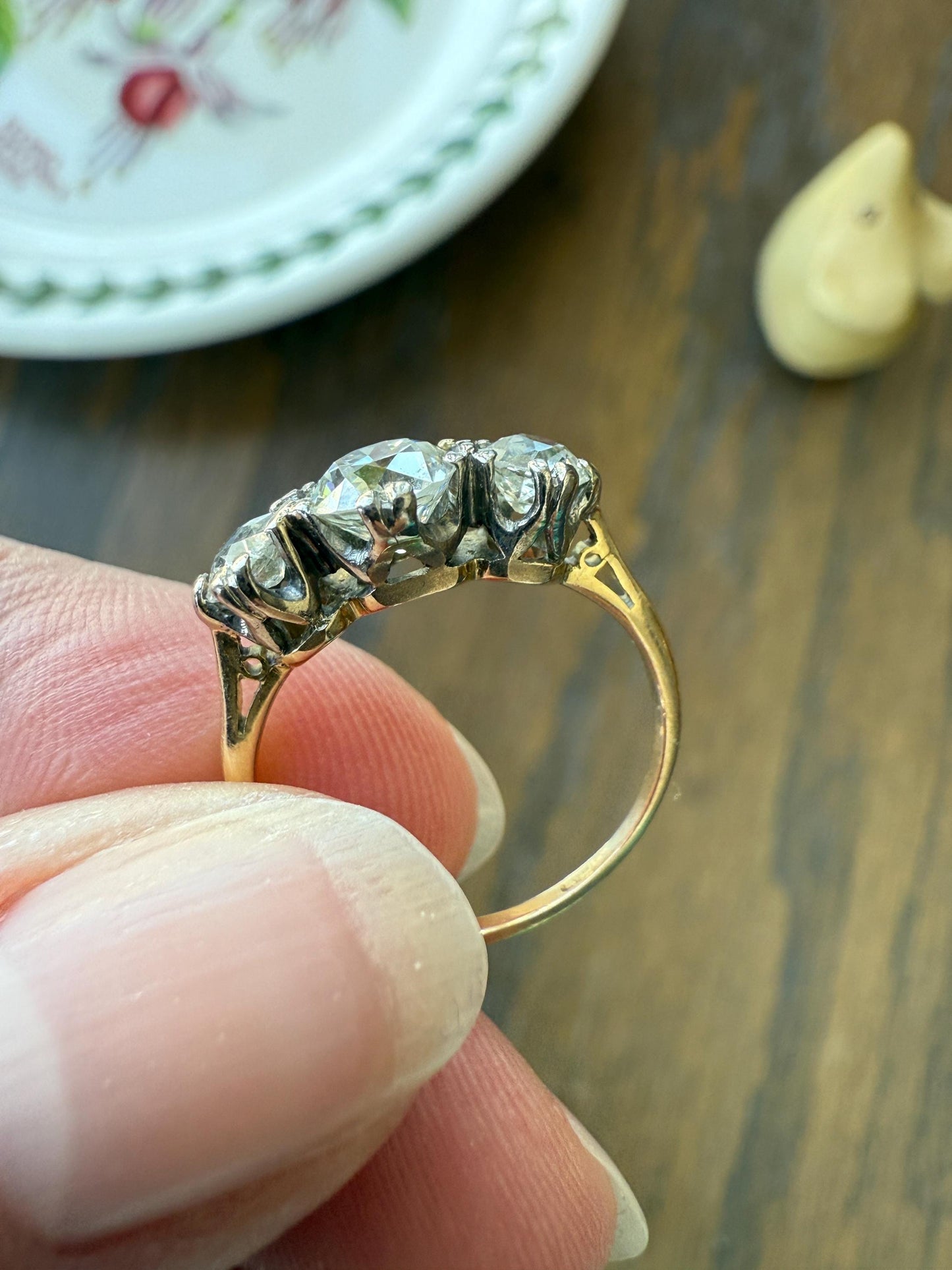 Antique Three Stone 1.25 Carat Old Mine Cut DiAMOND Ring 18k GOLD Stacker Band 1.25Ctw OMC Trilogy Anniversary Wedding Engagement