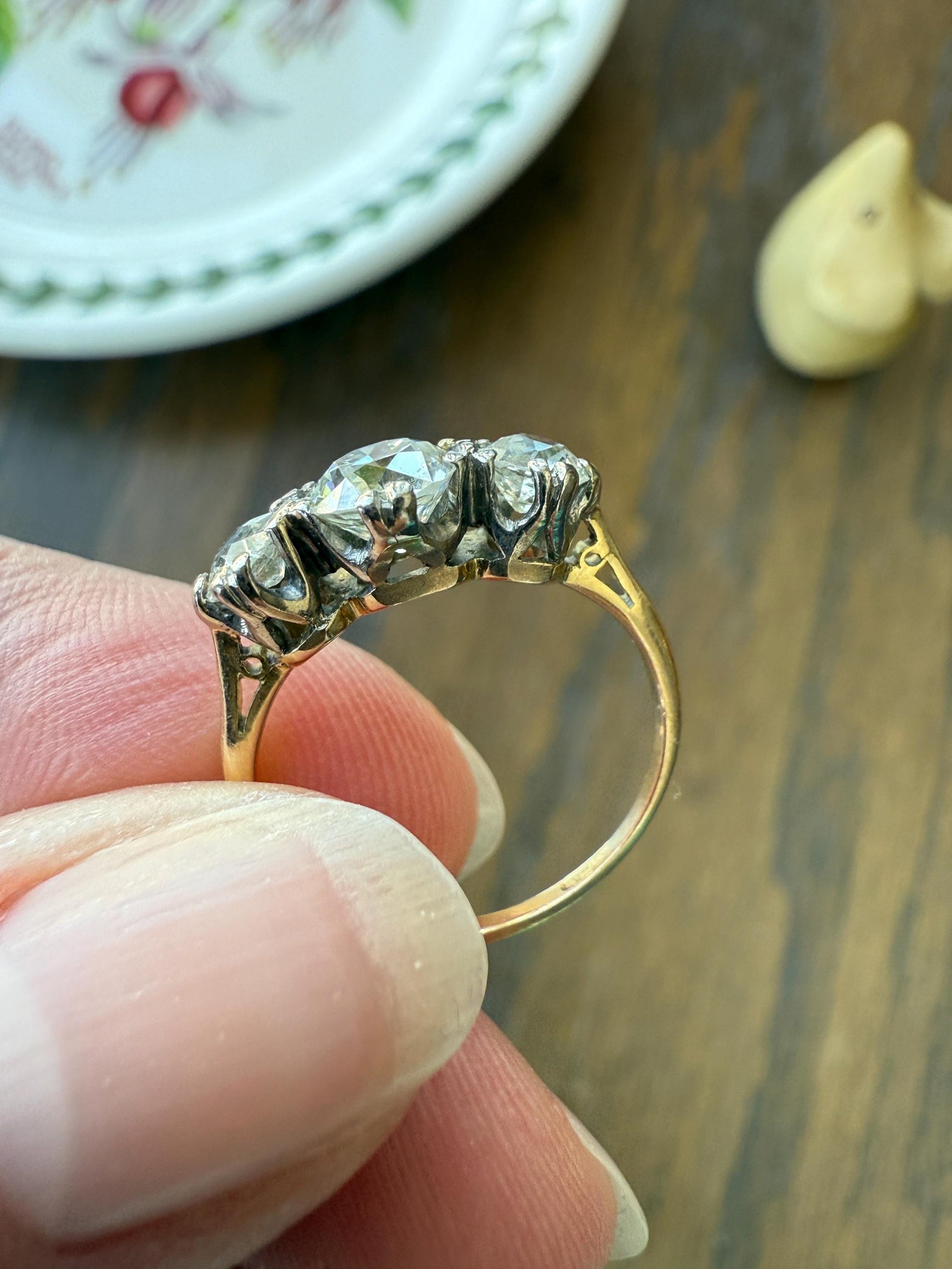 Antique Three Stone 1.25 Carat Old Mine Cut DiAMOND Ring 18k GOLD Stacker Band 1.25Ctw OMC Trilogy Anniversary Wedding Engagement