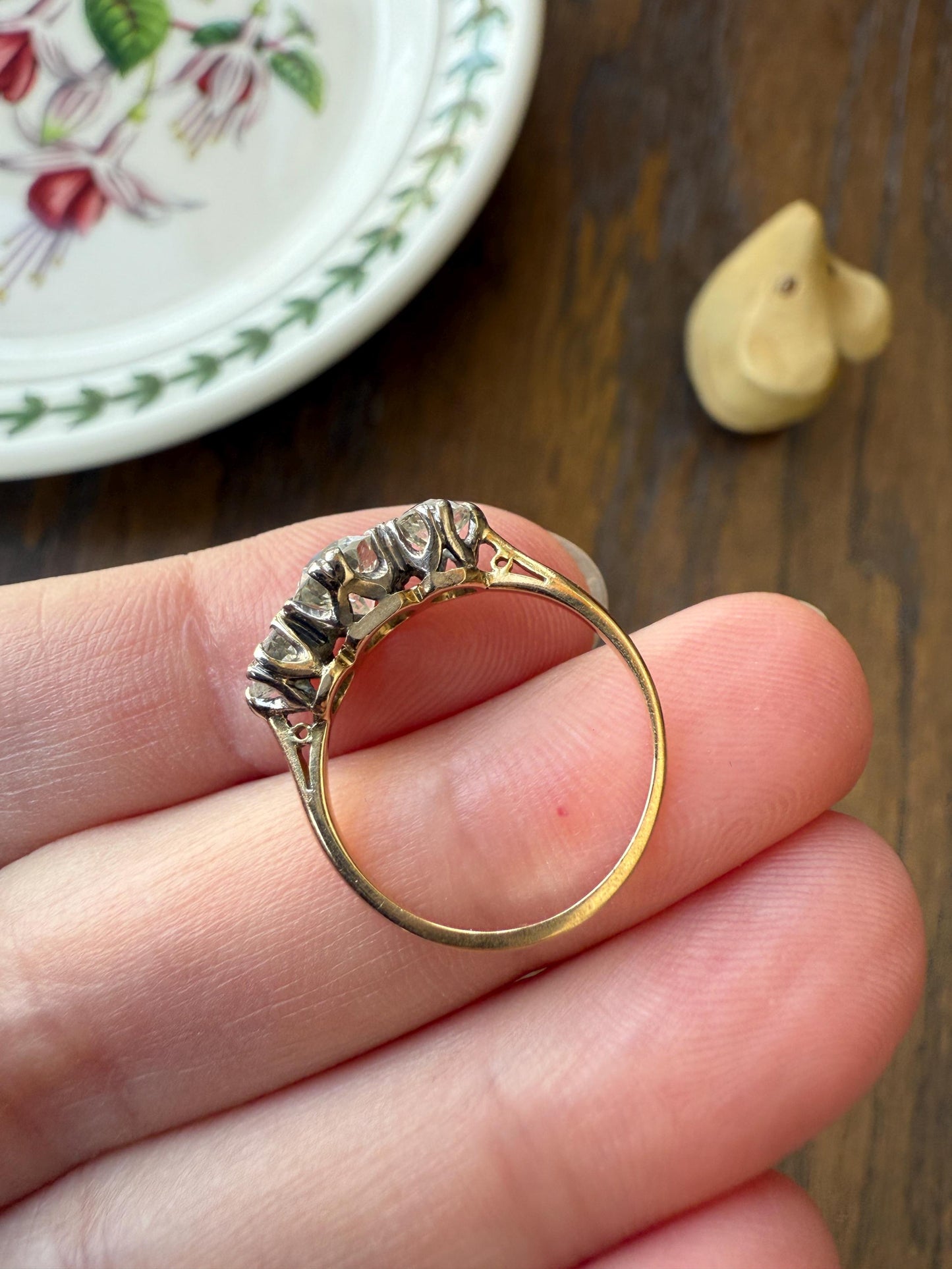 Antique Three Stone 1.25 Carat Old Mine Cut DiAMOND Ring 18k GOLD Stacker Band 1.25Ctw OMC Trilogy Anniversary Wedding Engagement