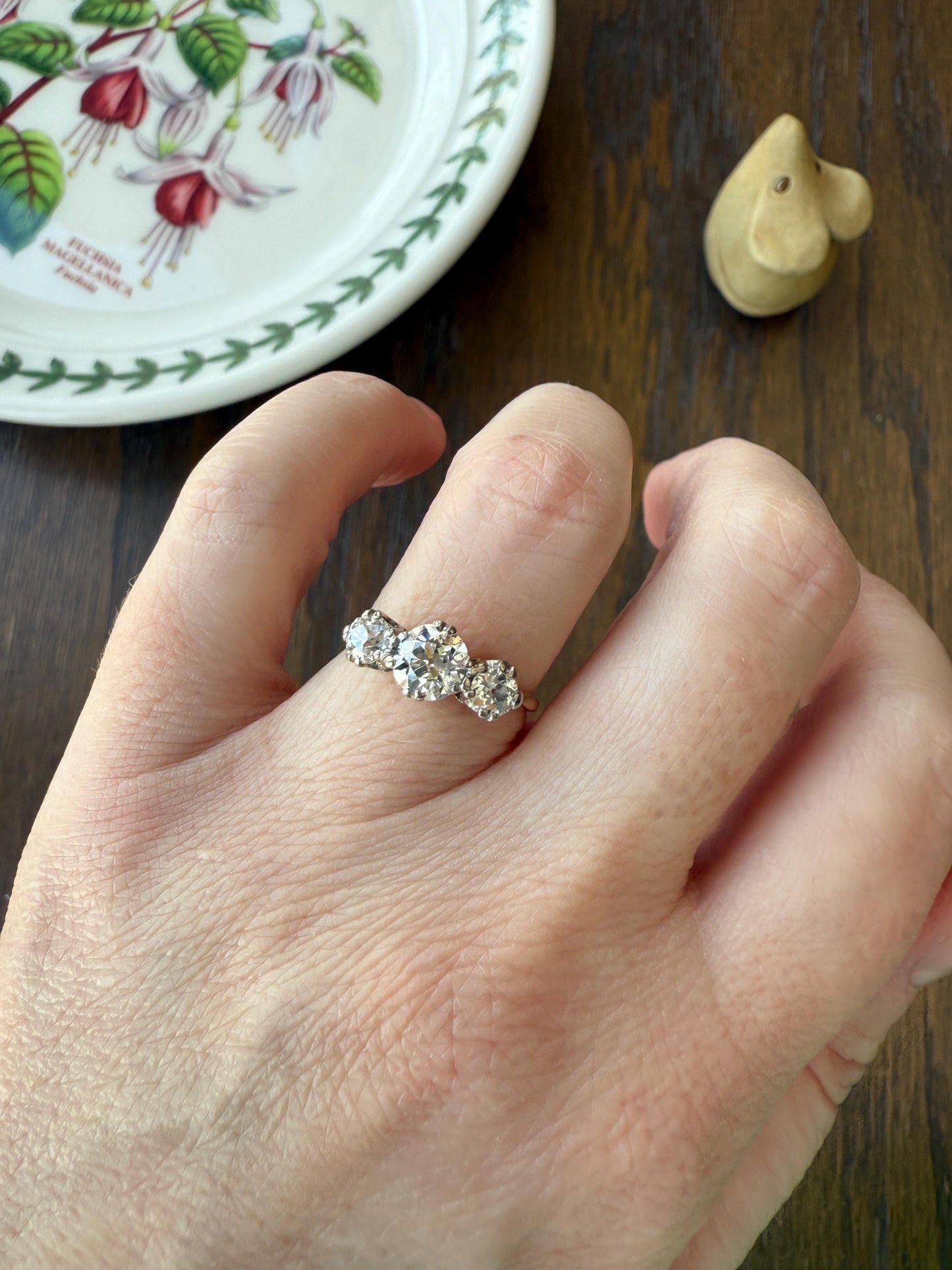 Antique Three Stone 1.25 Carat Old Mine Cut DiAMOND Ring 18k GOLD Stacker Band 1.25Ctw OMC Trilogy Anniversary Wedding Engagement