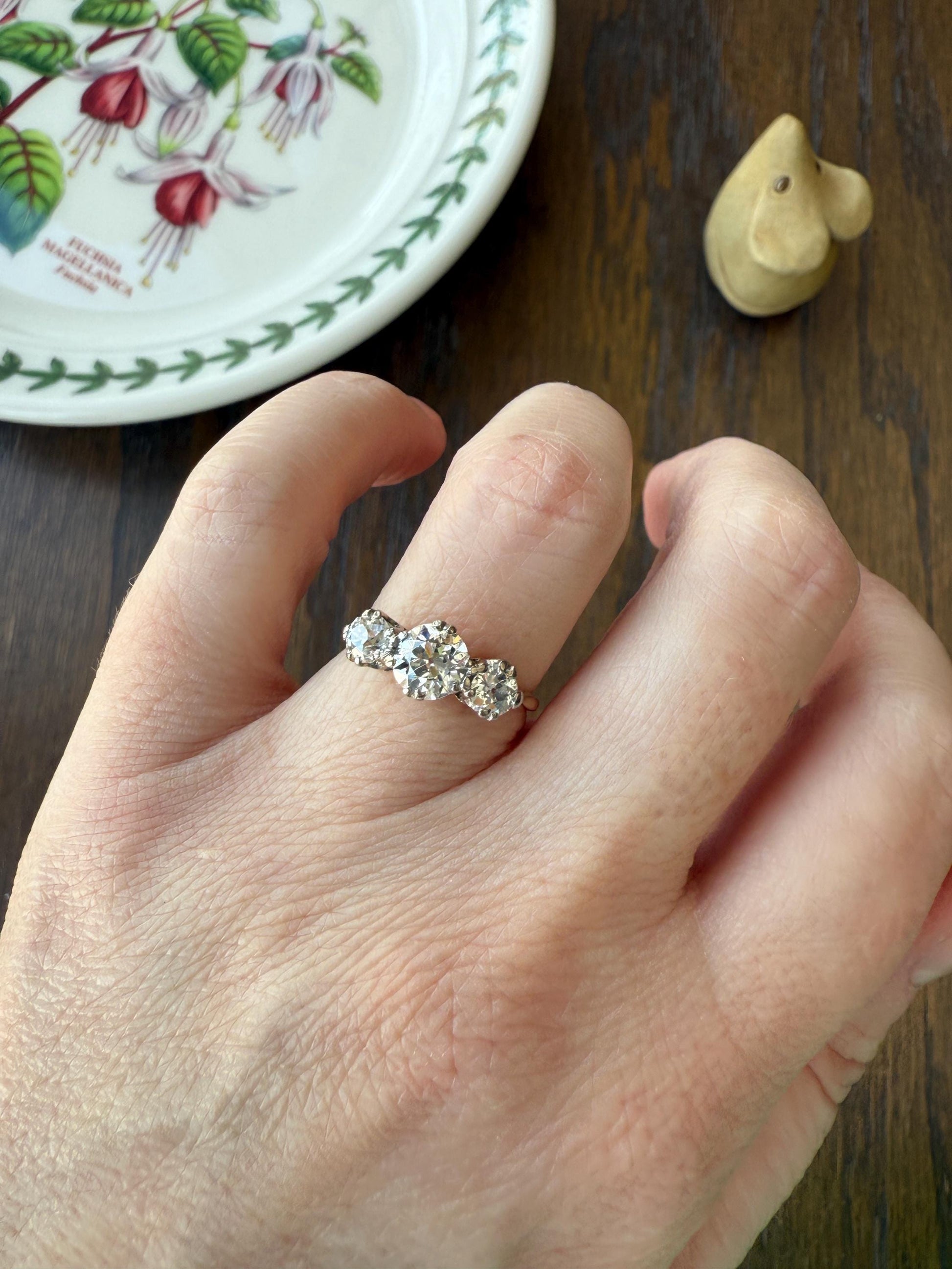 Antique Three Stone 1.25 Carat Old Mine Cut DiAMOND Ring 18k GOLD Stacker Band 1.25Ctw OMC Trilogy Anniversary Wedding Engagement