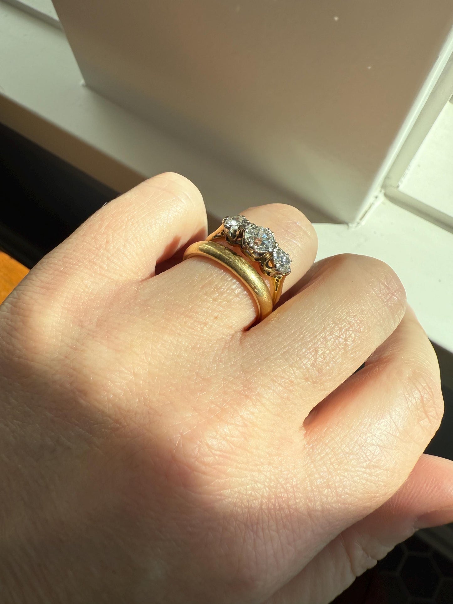 Antique Three Stone 1.25 Carat Old Mine Cut DiAMOND Ring 18k GOLD Stacker Band 1.25Ctw OMC Trilogy Anniversary Wedding Engagement
