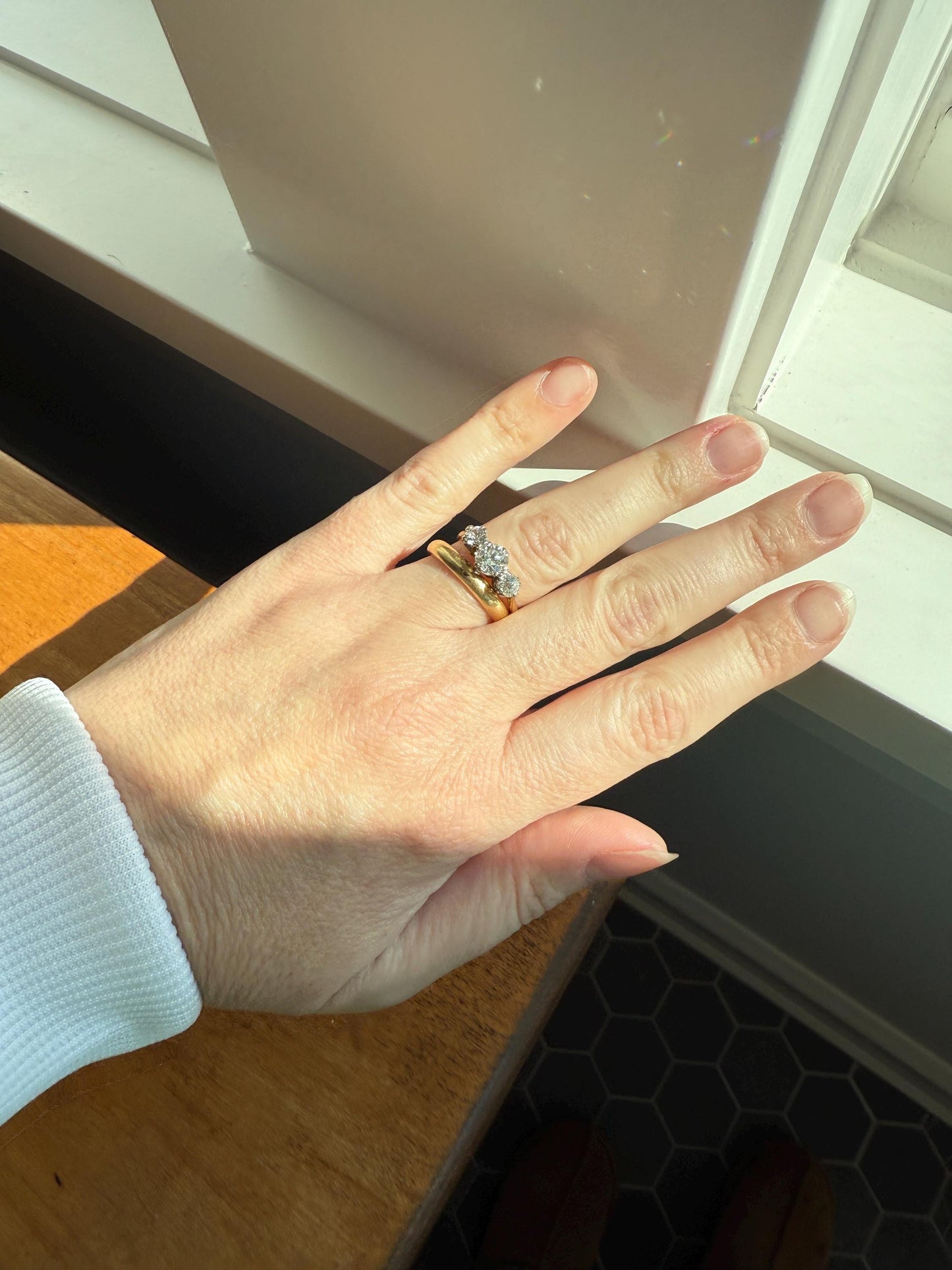 Antique Three Stone 1.25 Carat Old Mine Cut DiAMOND Ring 18k GOLD Stacker Band 1.25Ctw OMC Trilogy Anniversary Wedding Engagement