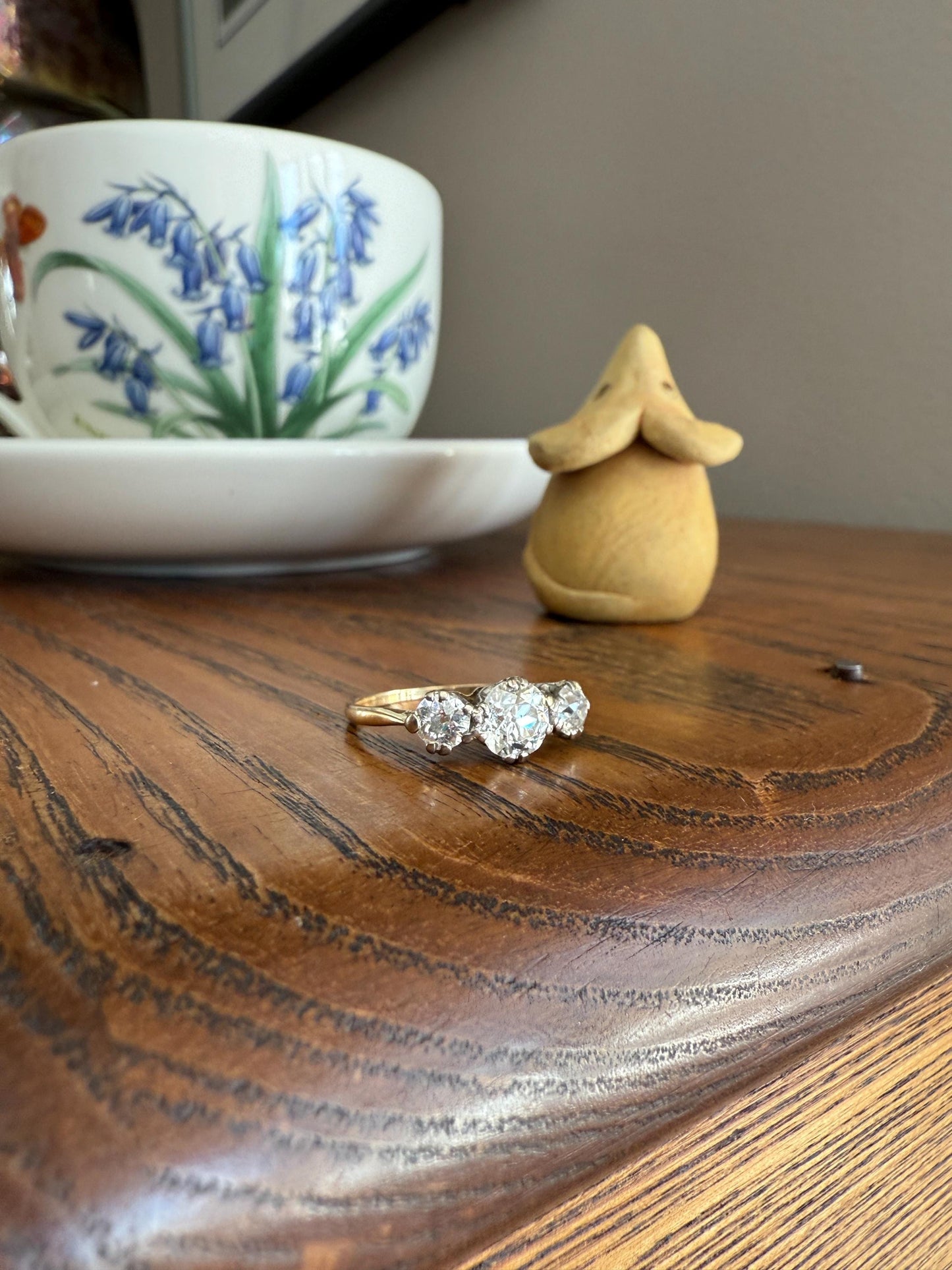 Antique Three Stone 1.25 Carat Old Mine Cut DiAMOND Ring 18k GOLD Stacker Band 1.25Ctw OMC Trilogy Anniversary Wedding Engagement