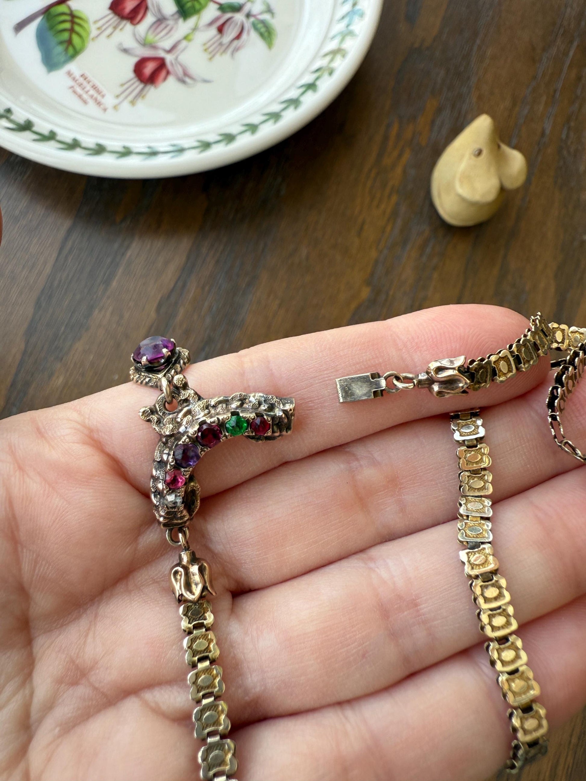 Belle's REGARD Rose Cut Diamond Paste Amethyst Garnet Emerald Antique VICTORIAN Book Chain Necklace Pendant 10k Pale Gold Figural Acrostic