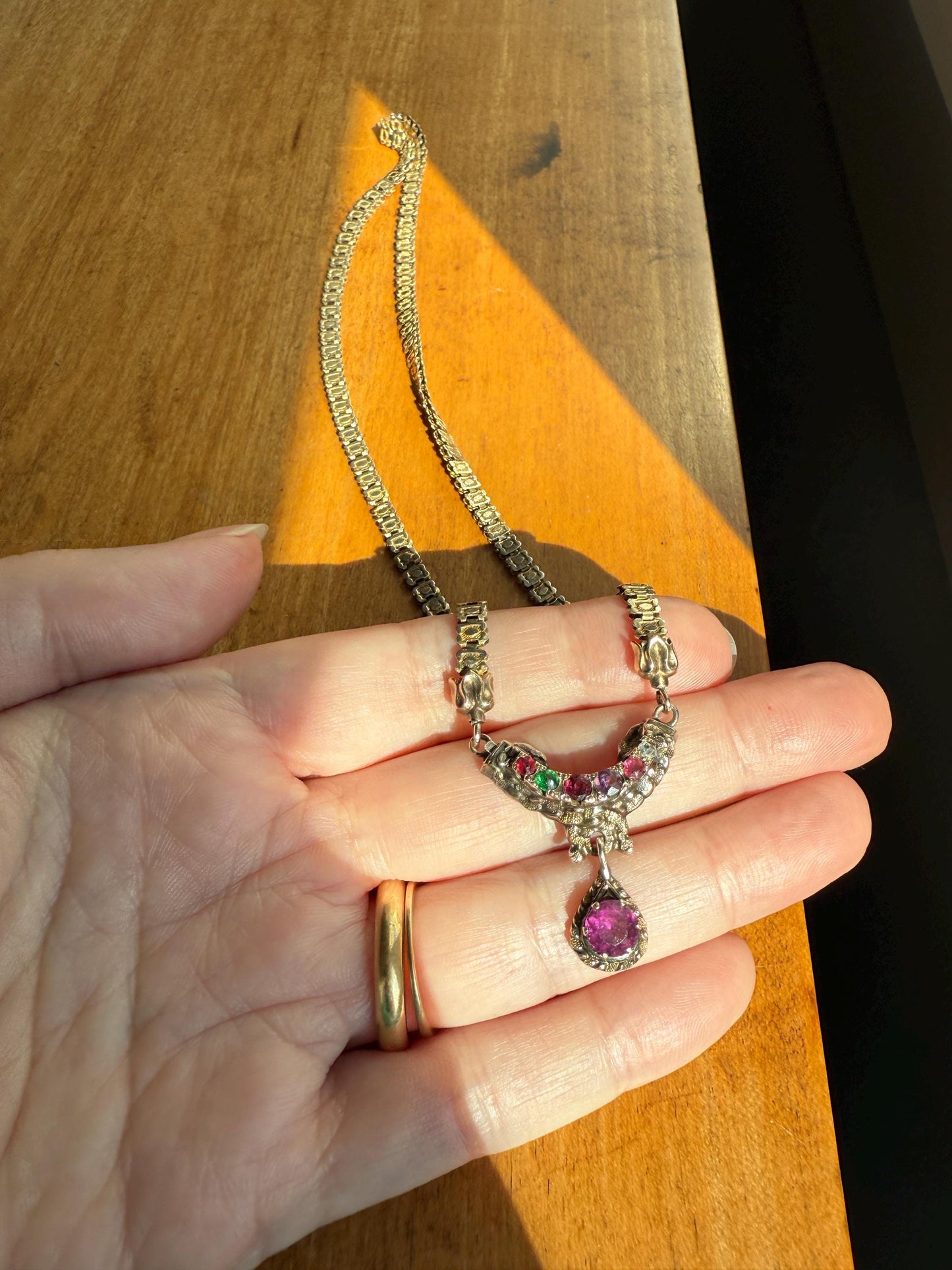 Belle's REGARD Rose Cut Diamond Paste Amethyst Garnet Emerald Antique VICTORIAN Book Chain Necklace Pendant 10k Pale Gold Figural Acrostic