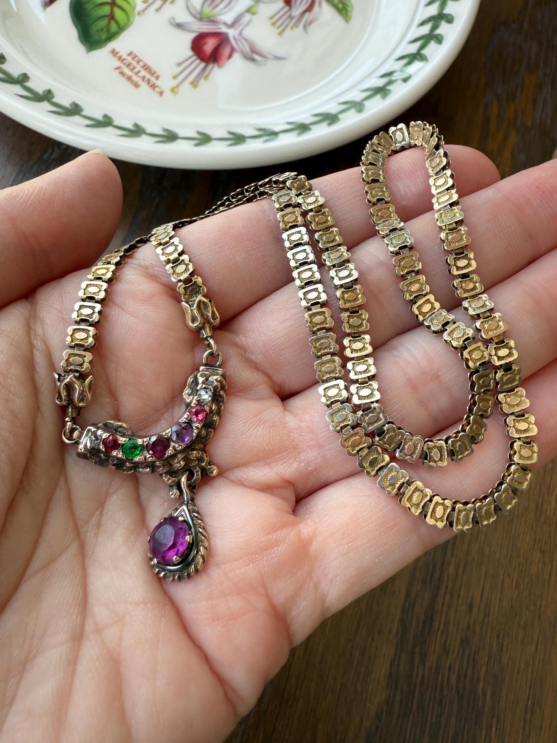 Belle's REGARD Rose Cut Diamond Paste Amethyst Garnet Emerald Antique VICTORIAN Book Chain Necklace Pendant 10k Pale Gold Figural Acrostic