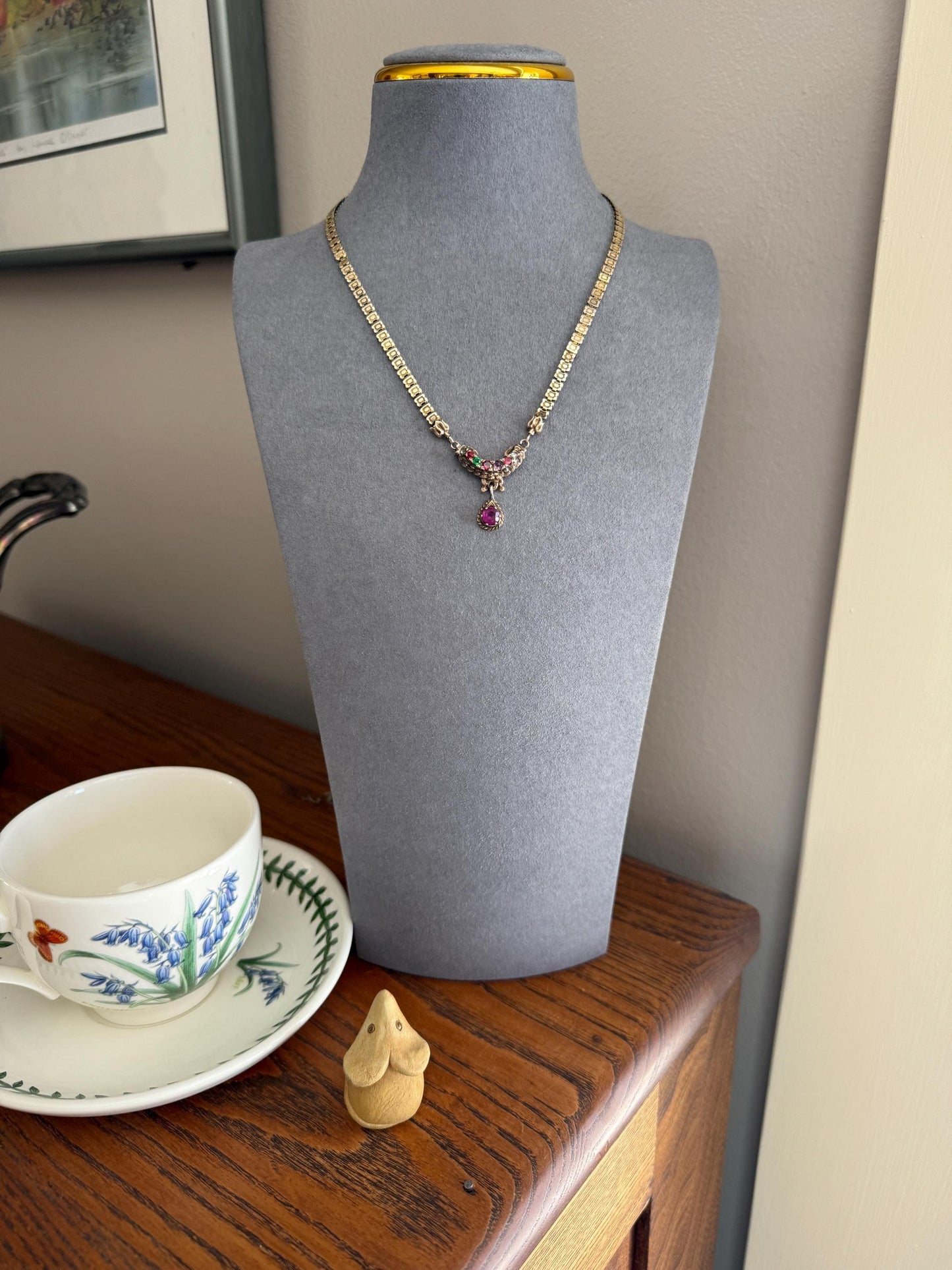 Belle's REGARD Rose Cut Diamond Paste Amethyst Garnet Emerald Antique VICTORIAN Book Chain Necklace Pendant 10k Pale Gold Figural Acrostic