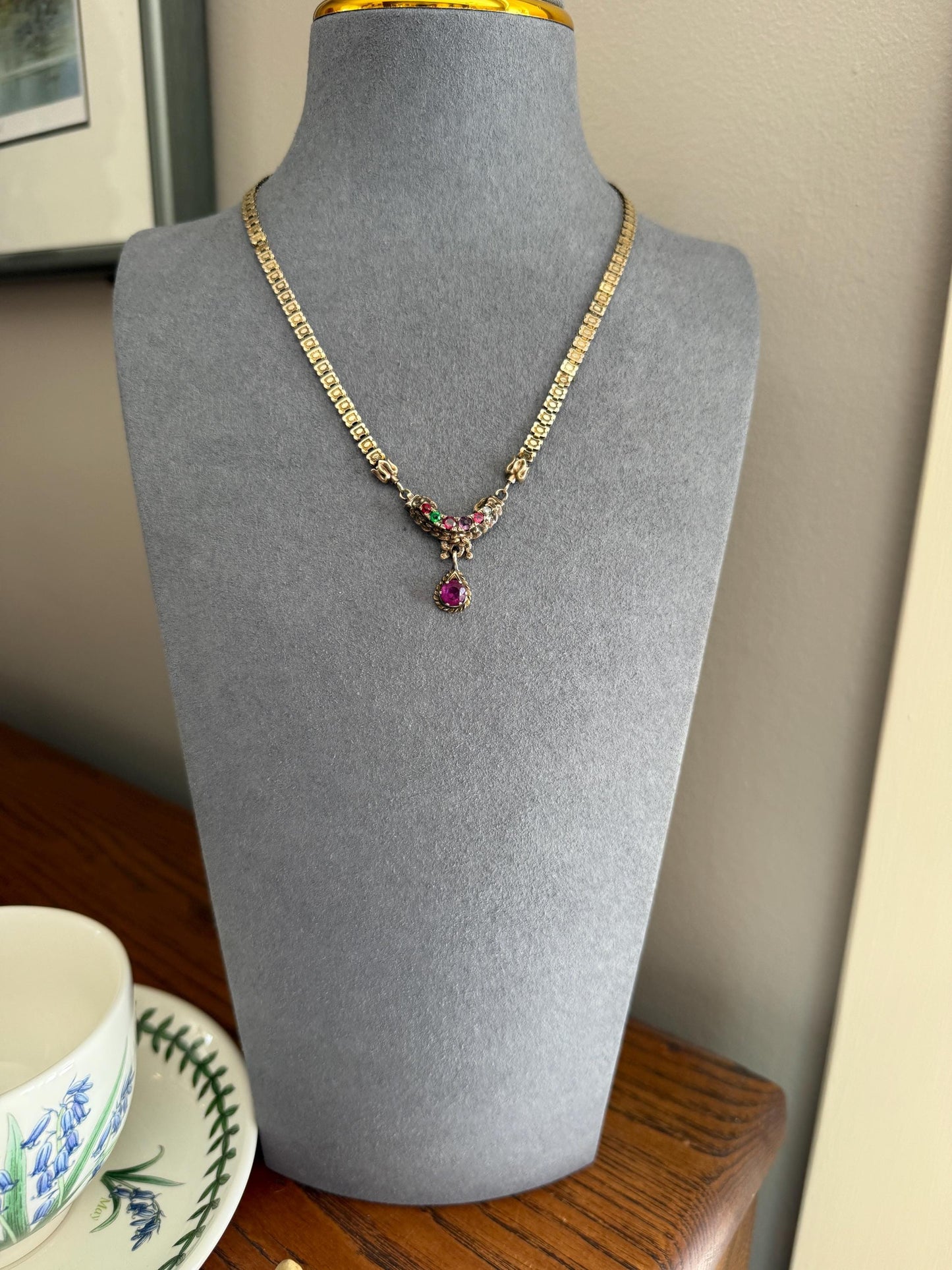 Belle's REGARD Rose Cut Diamond Paste Amethyst Garnet Emerald Antique VICTORIAN Book Chain Necklace Pendant 10k Pale Gold Figural Acrostic