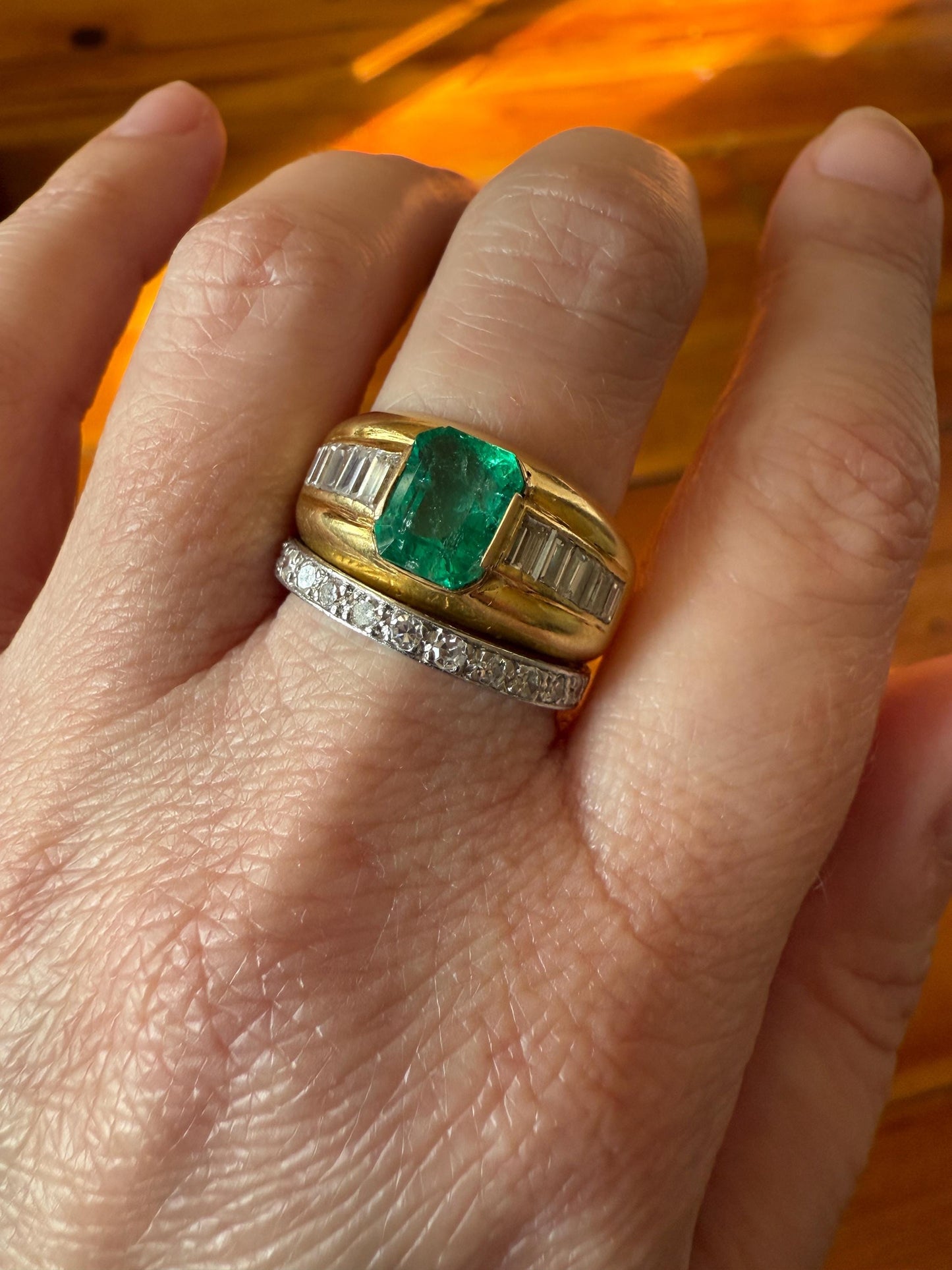 Chunky Green EMERALD Baguette Cut DIAMOND 6g 18k Gold Solid Vintage Gypsy Ring Domed Retro Wide Band Natural Geometric Stacker Man Unisex