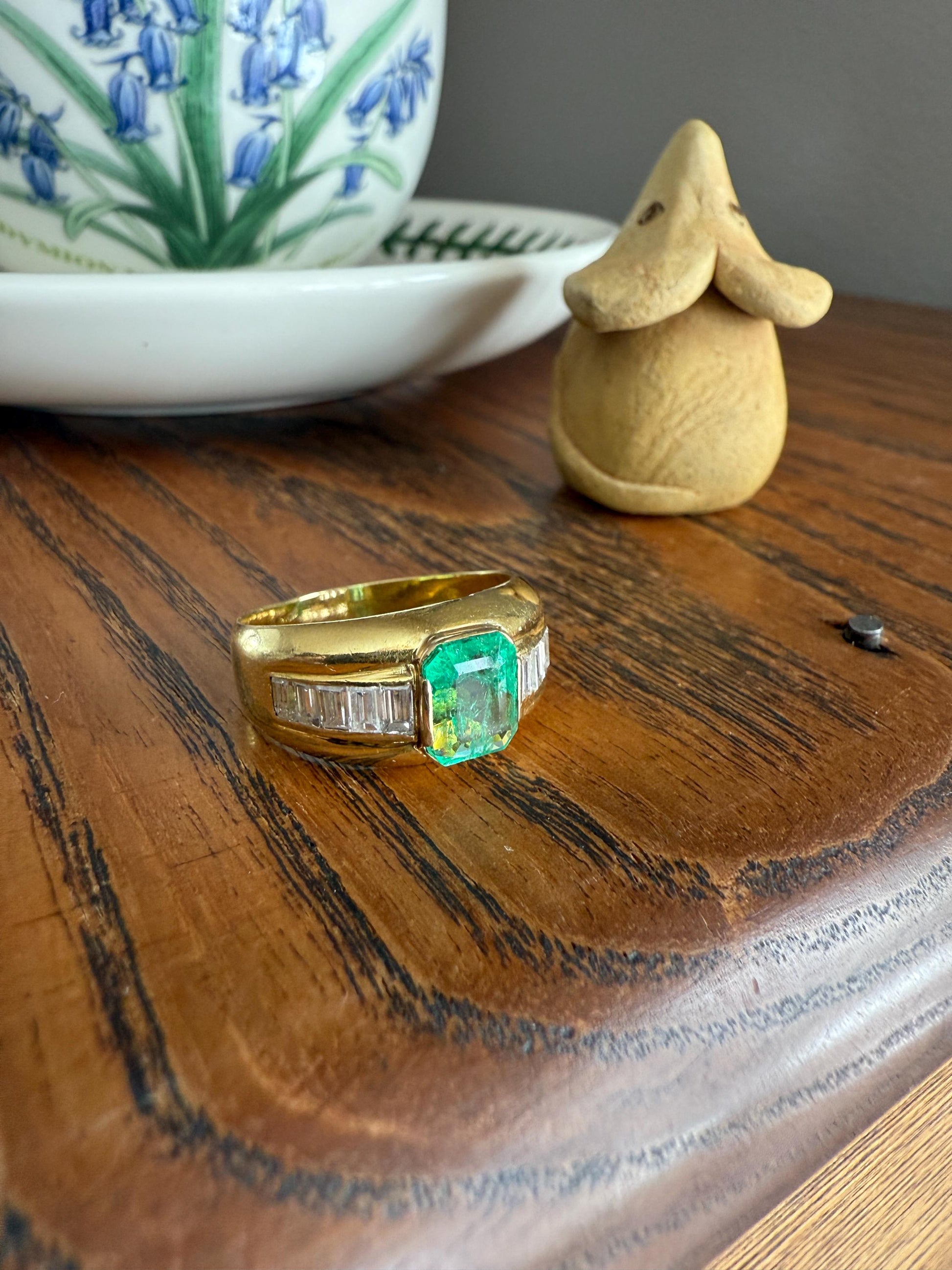 Chunky Green EMERALD Baguette Cut DIAMOND 6g 18k Gold Solid Vintage Gypsy Ring Domed Retro Wide Band Natural Geometric Stacker Man Unisex