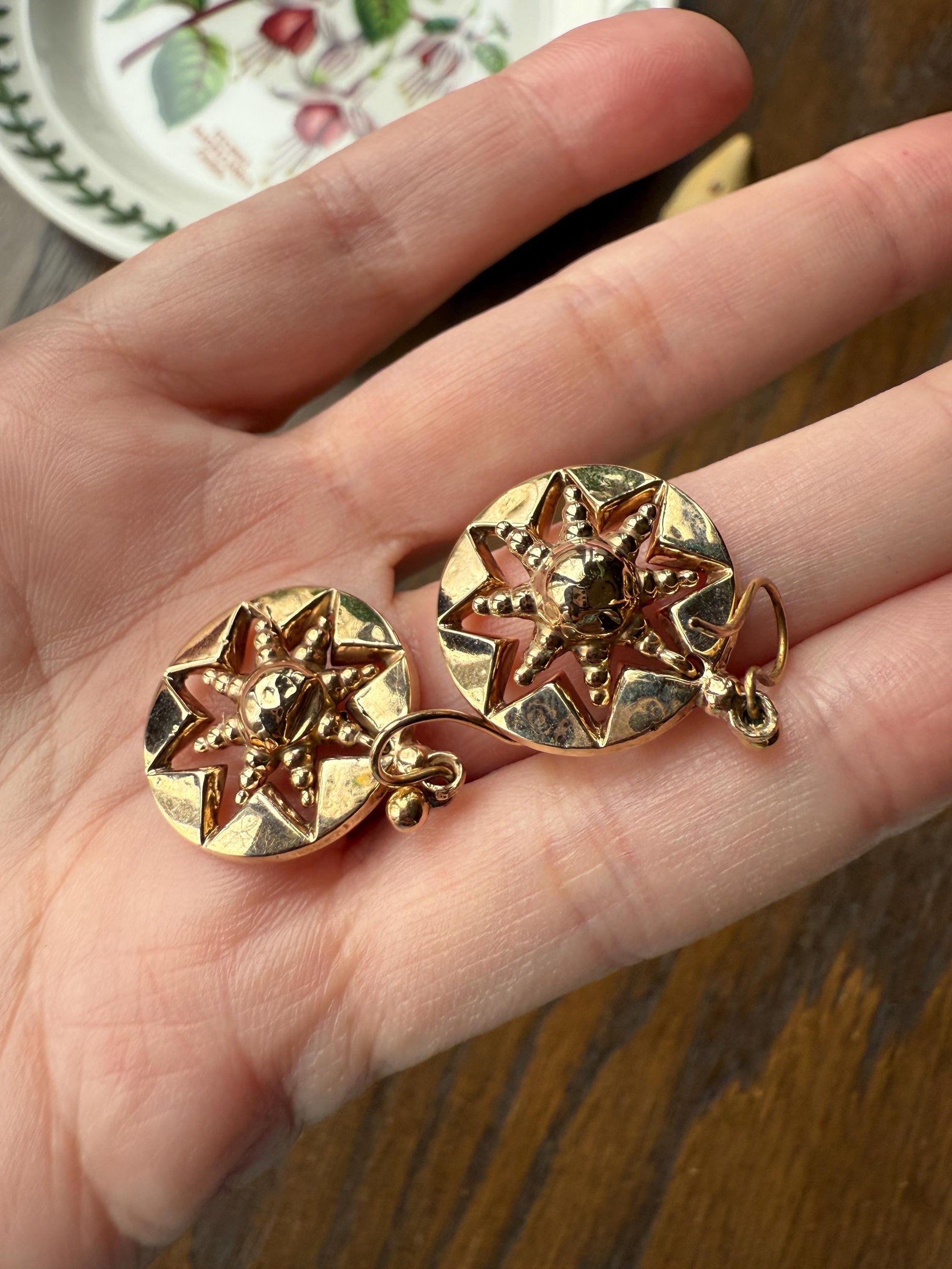Antique STAR Sunburst Victorian Puffy Starburst 3D Victorian 9k GOLD EARRINGS Figural Ball Rivet