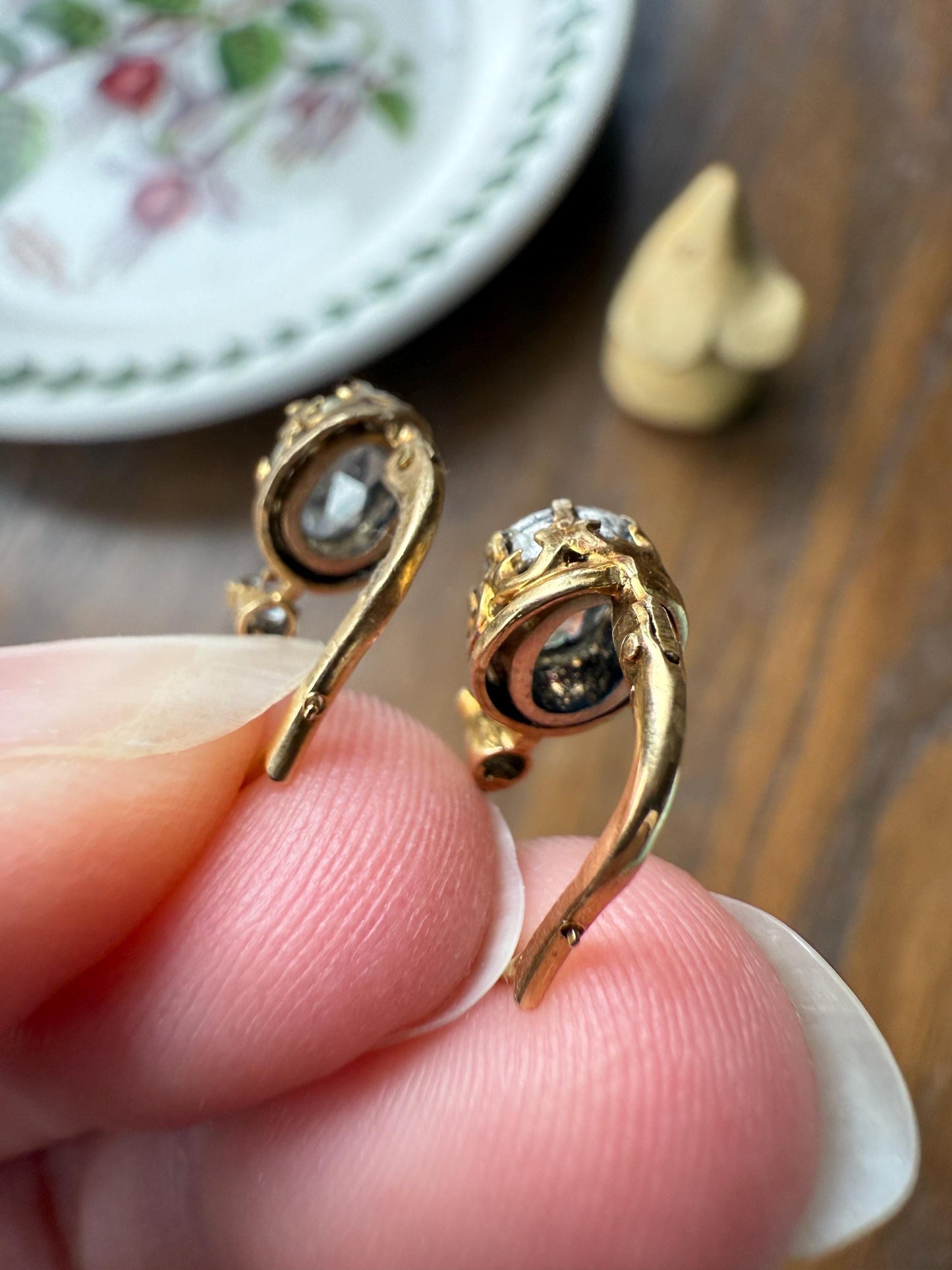 FRENCH Antique One Carat Tdw Face Up Open Back Rose Cut DIAMOND Fleur de Lis Crown Prong Earrings 18k Gold Victorian Dangle Dormeuse