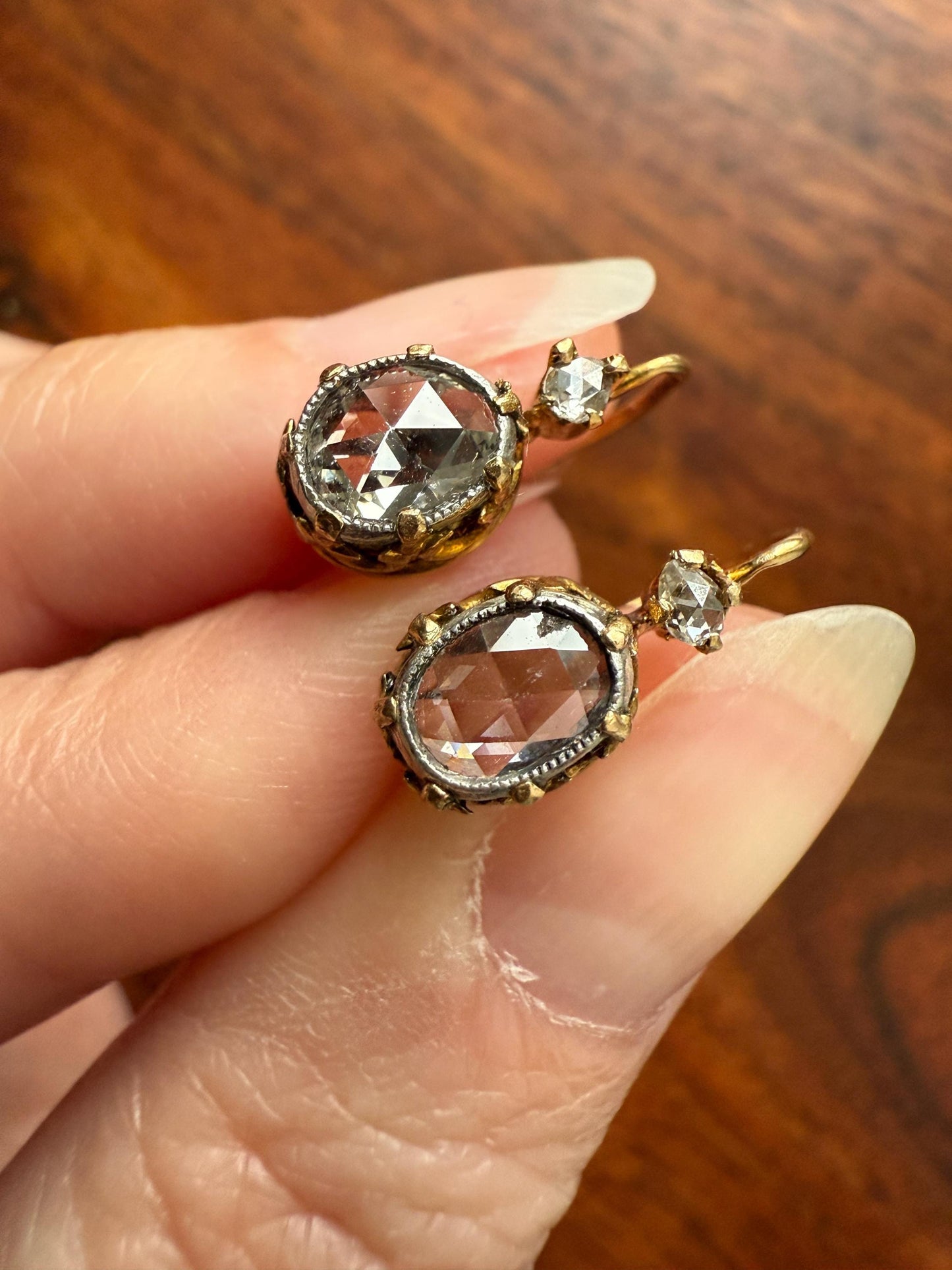 FRENCH Antique One Carat Tdw Face Up Open Back Rose Cut DIAMOND Fleur de Lis Crown Prong Earrings 18k Gold Victorian Dangle Dormeuse