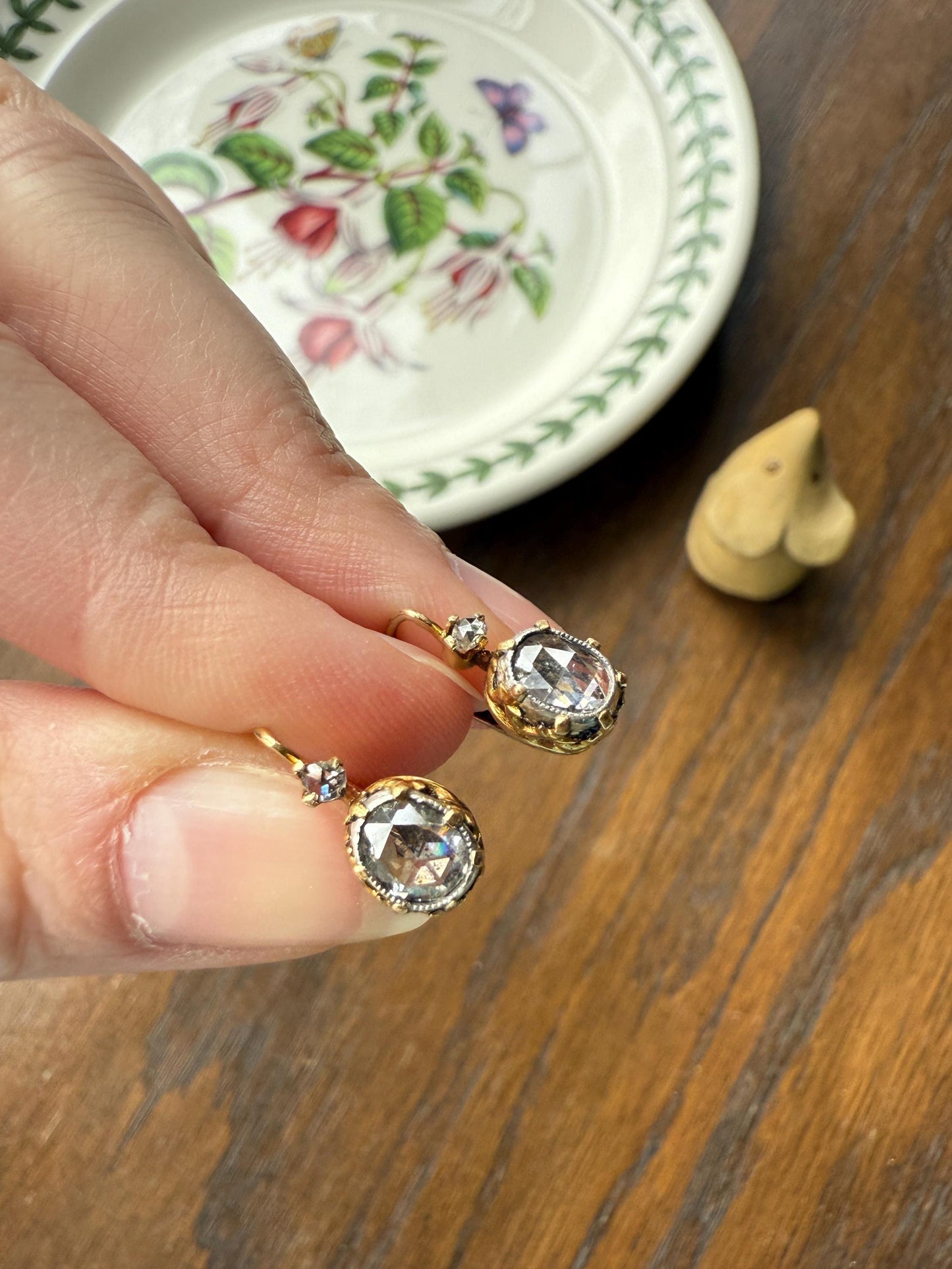 FRENCH Antique One Carat Tdw Face Up Open Back Rose Cut DIAMOND Fleur de Lis Crown Prong Earrings 18k Gold Victorian Dangle Dormeuse