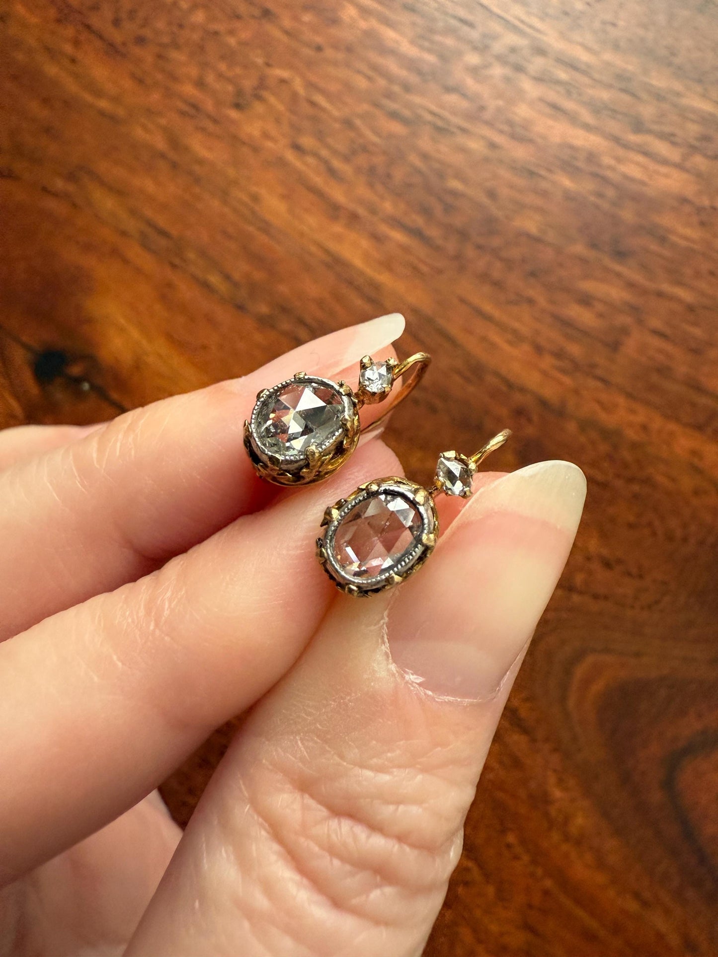 FRENCH Antique One Carat Tdw Face Up Open Back Rose Cut DIAMOND Fleur de Lis Crown Prong Earrings 18k Gold Victorian Dangle Dormeuse
