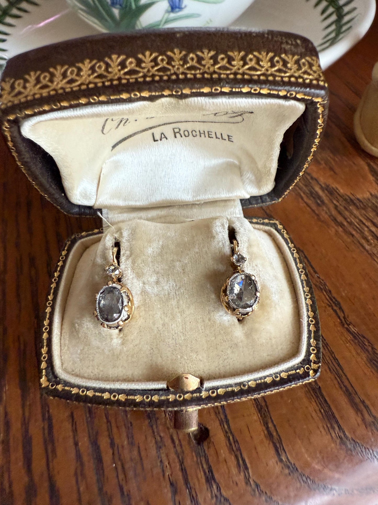 FRENCH Antique One Carat Tdw Face Up Open Back Rose Cut DIAMOND Fleur de Lis Crown Prong Earrings 18k Gold Victorian Dangle Dormeuse