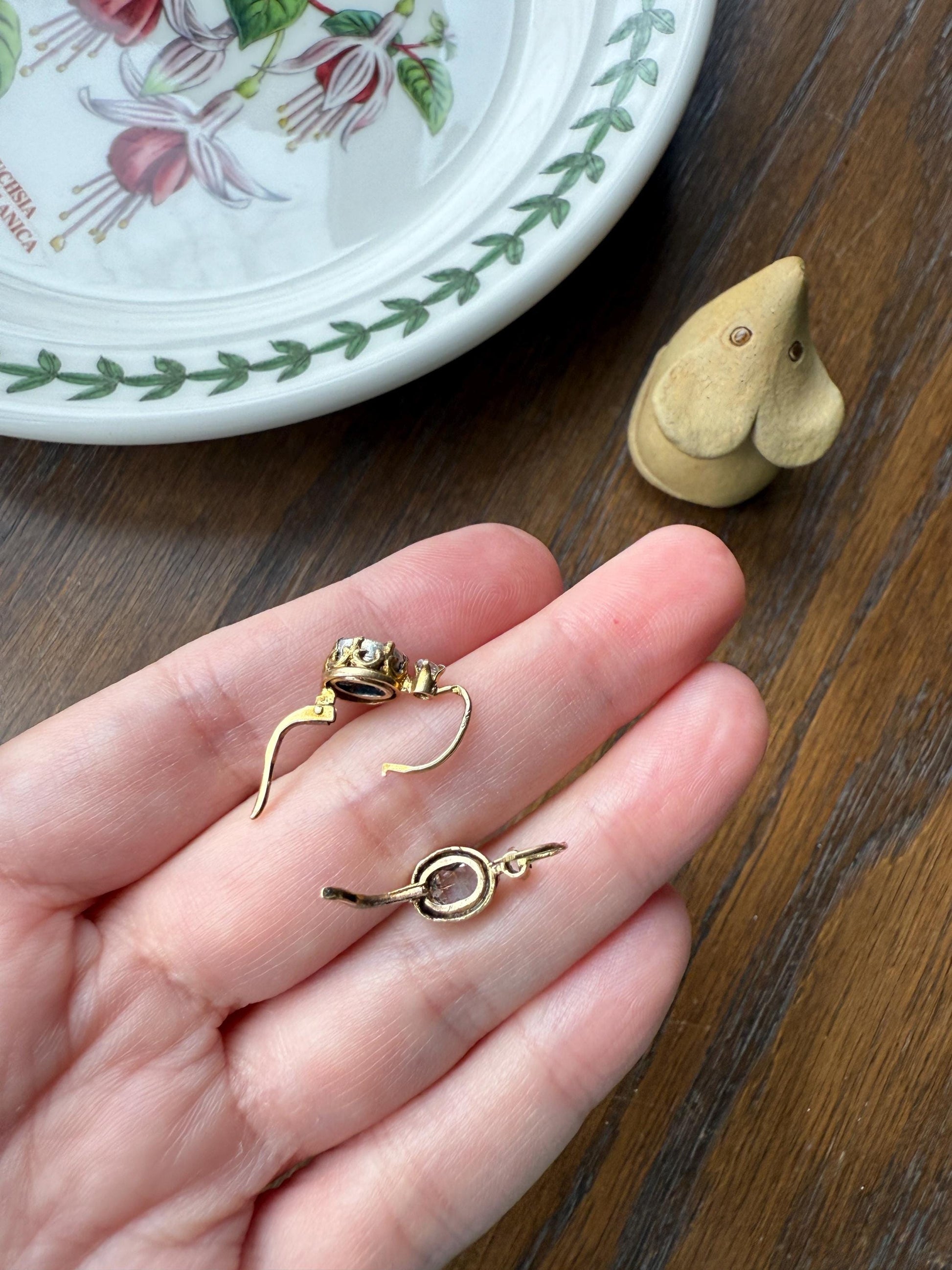 FRENCH Antique One Carat Tdw Face Up Open Back Rose Cut DIAMOND Fleur de Lis Crown Prong Earrings 18k Gold Victorian Dangle Dormeuse