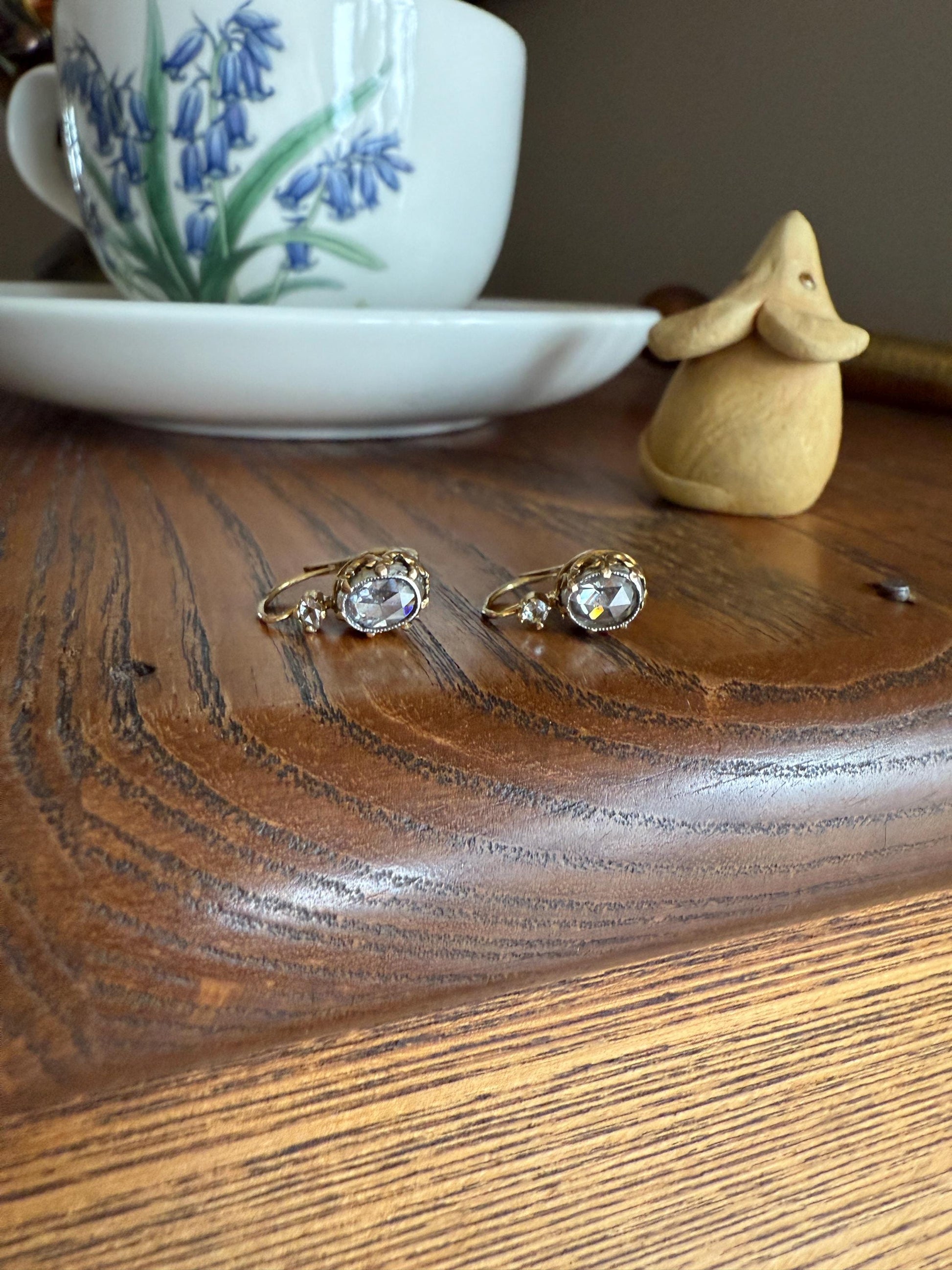 FRENCH Antique One Carat Tdw Face Up Open Back Rose Cut DIAMOND Fleur de Lis Crown Prong Earrings 18k Gold Victorian Dangle Dormeuse