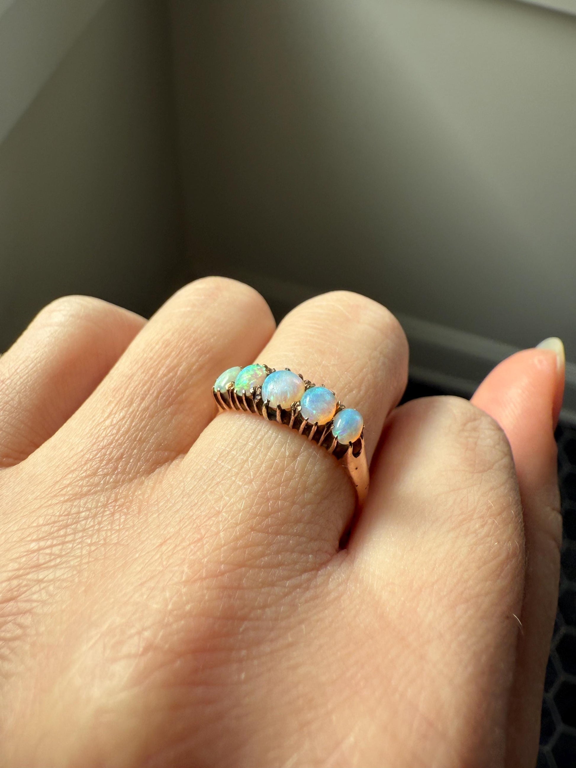 OPAL Antique Blue Five Stone Skinny Band Stacker Ring 14k Rose Gold Linear Edwardian Victorian Romantic Gift Geometric Minimalist Glowing