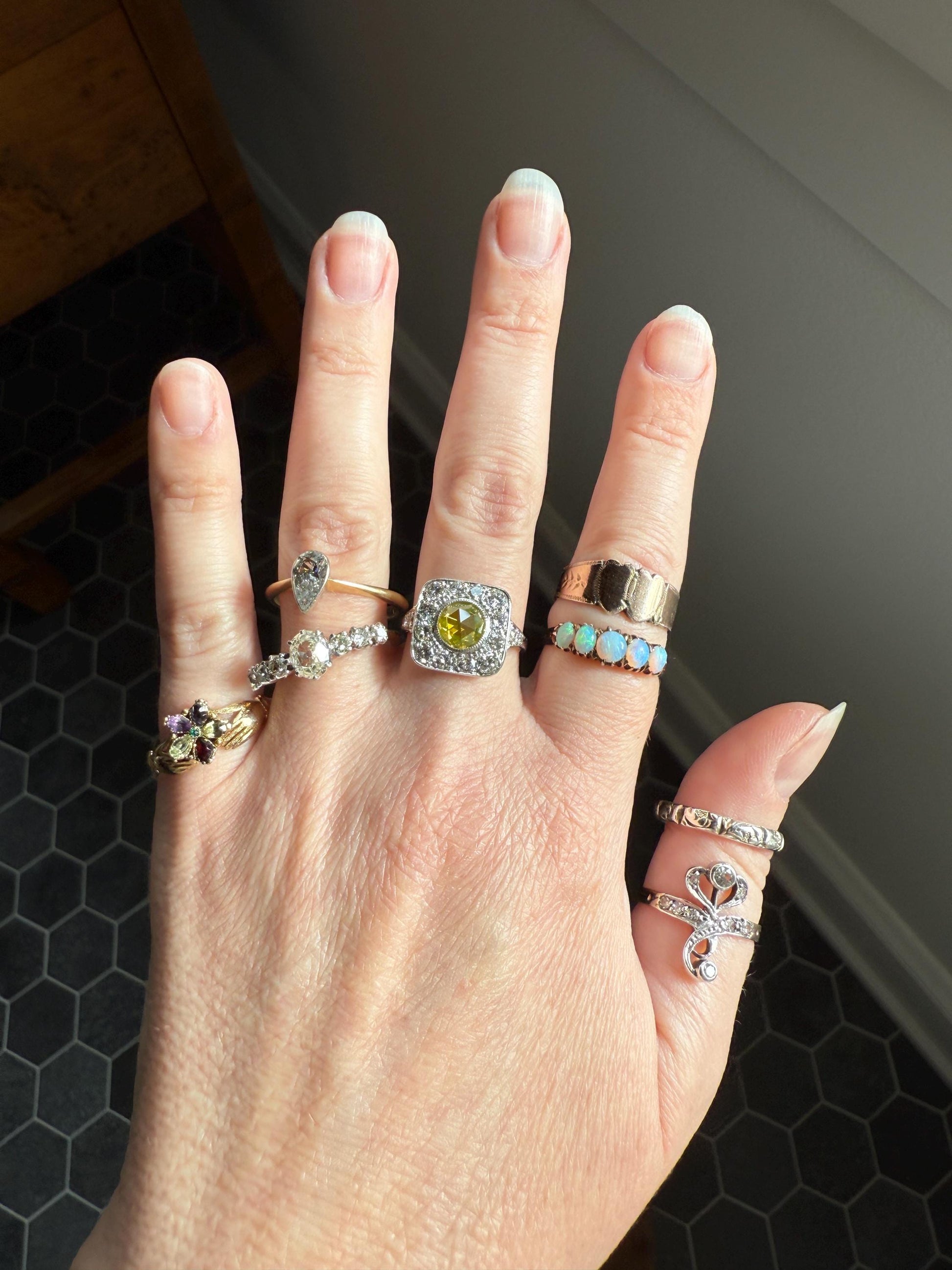OPAL Antique Blue Five Stone Skinny Band Stacker Ring 14k Rose Gold Linear Edwardian Victorian Romantic Gift Geometric Minimalist Glowing