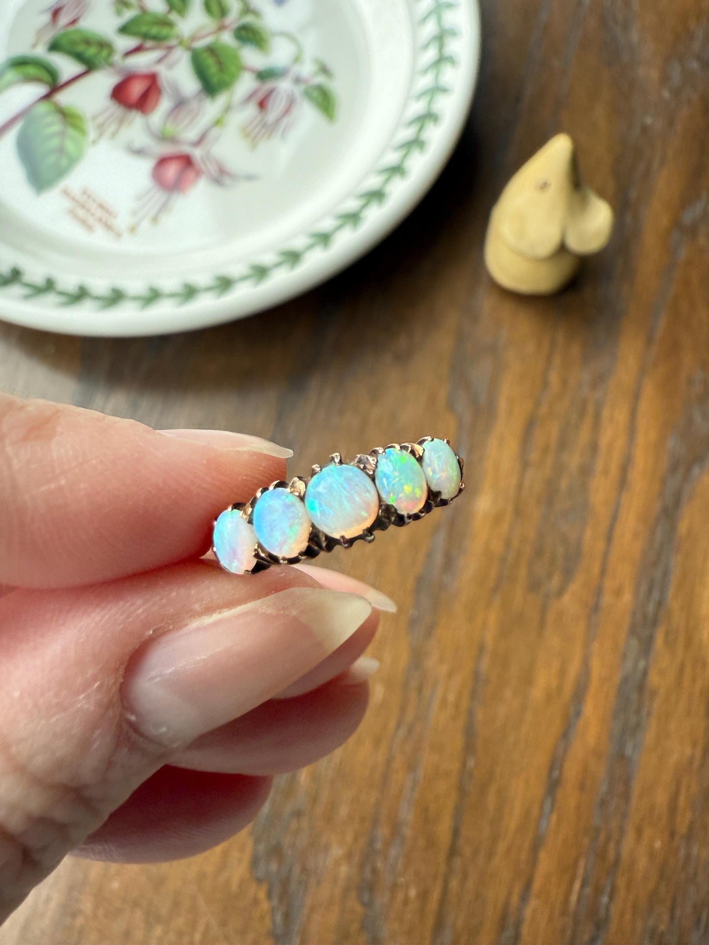 OPAL Antique Blue Five Stone Skinny Band Stacker Ring 14k Rose Gold Linear Edwardian Victorian Romantic Gift Geometric Minimalist Glowing