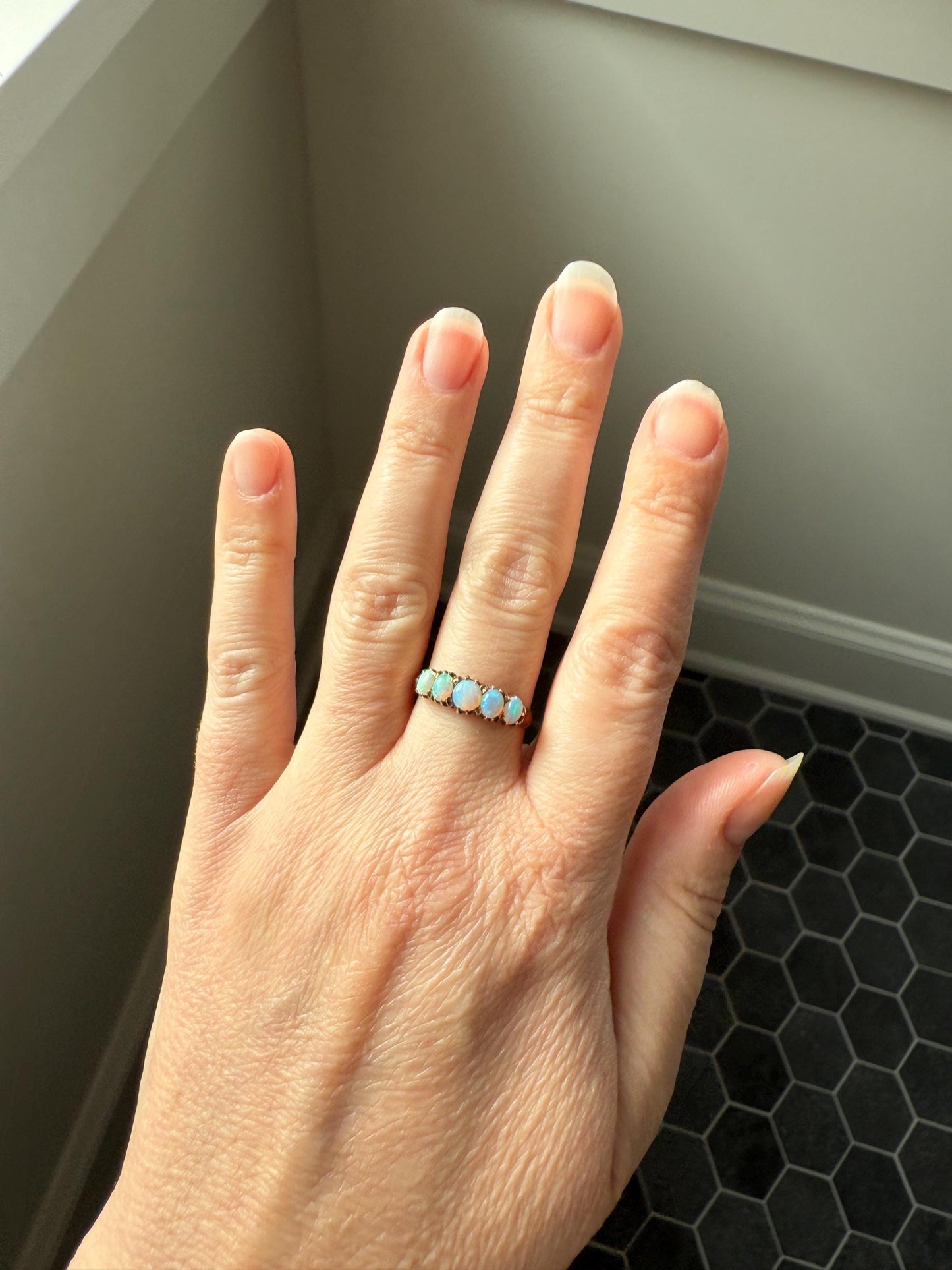 OPAL Antique Blue Five Stone Skinny Band Stacker Ring 14k Rose Gold Linear Edwardian Victorian Romantic Gift Geometric Minimalist Glowing