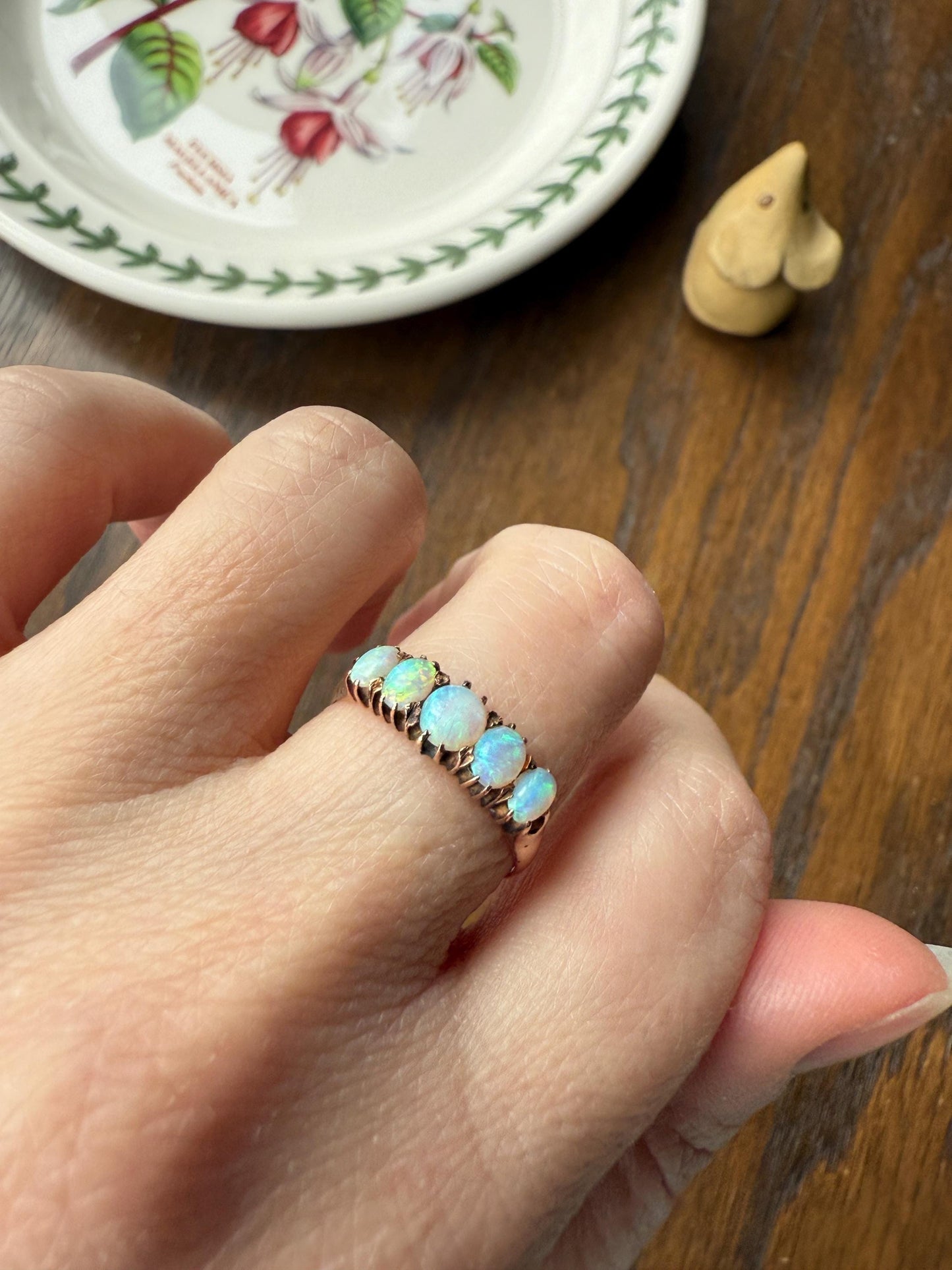 OPAL Antique Blue Five Stone Skinny Band Stacker Ring 14k Rose Gold Linear Edwardian Victorian Romantic Gift Geometric Minimalist Glowing