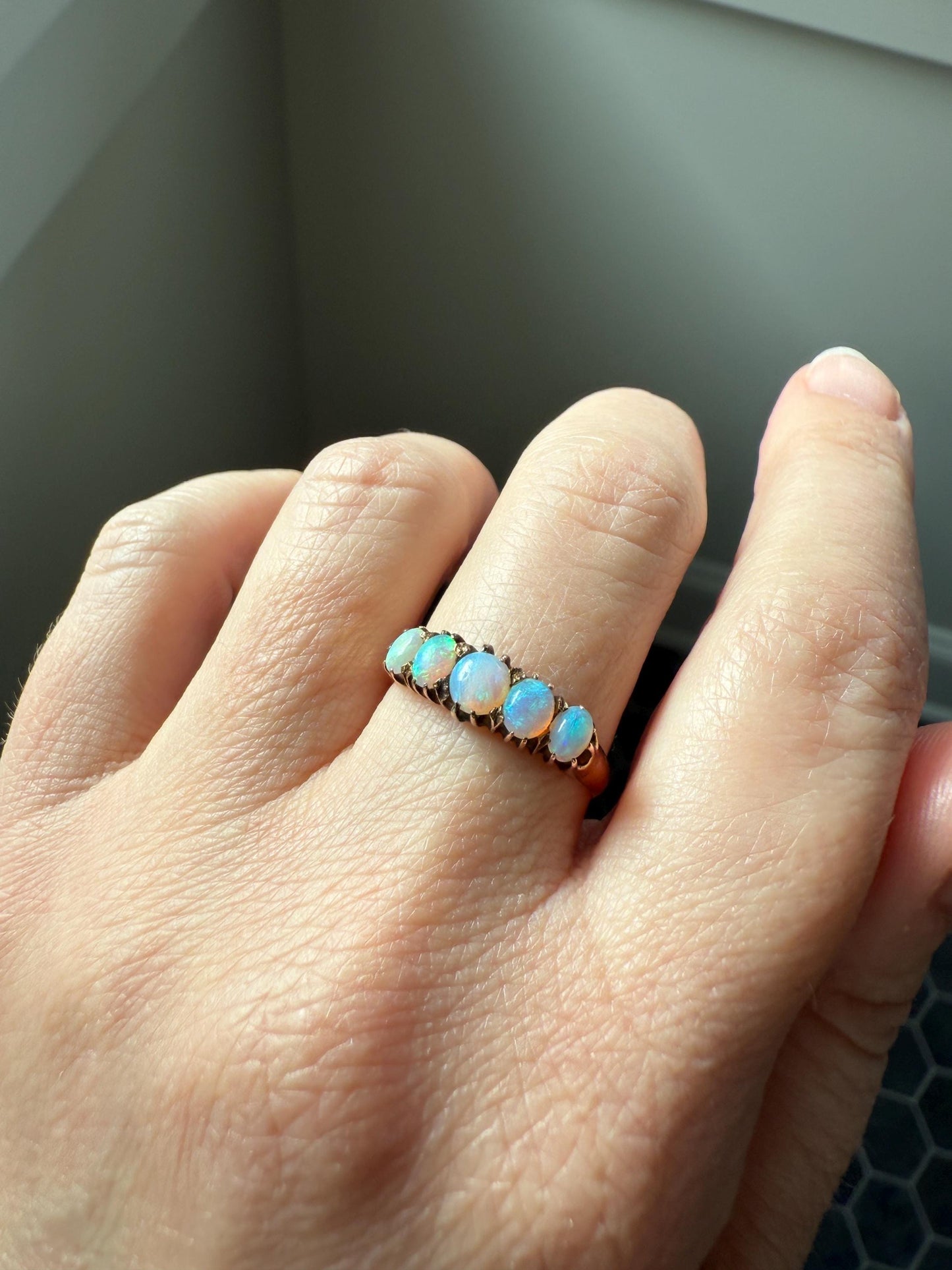 OPAL Antique Blue Five Stone Skinny Band Stacker Ring 14k Rose Gold Linear Edwardian Victorian Romantic Gift Geometric Minimalist Glowing