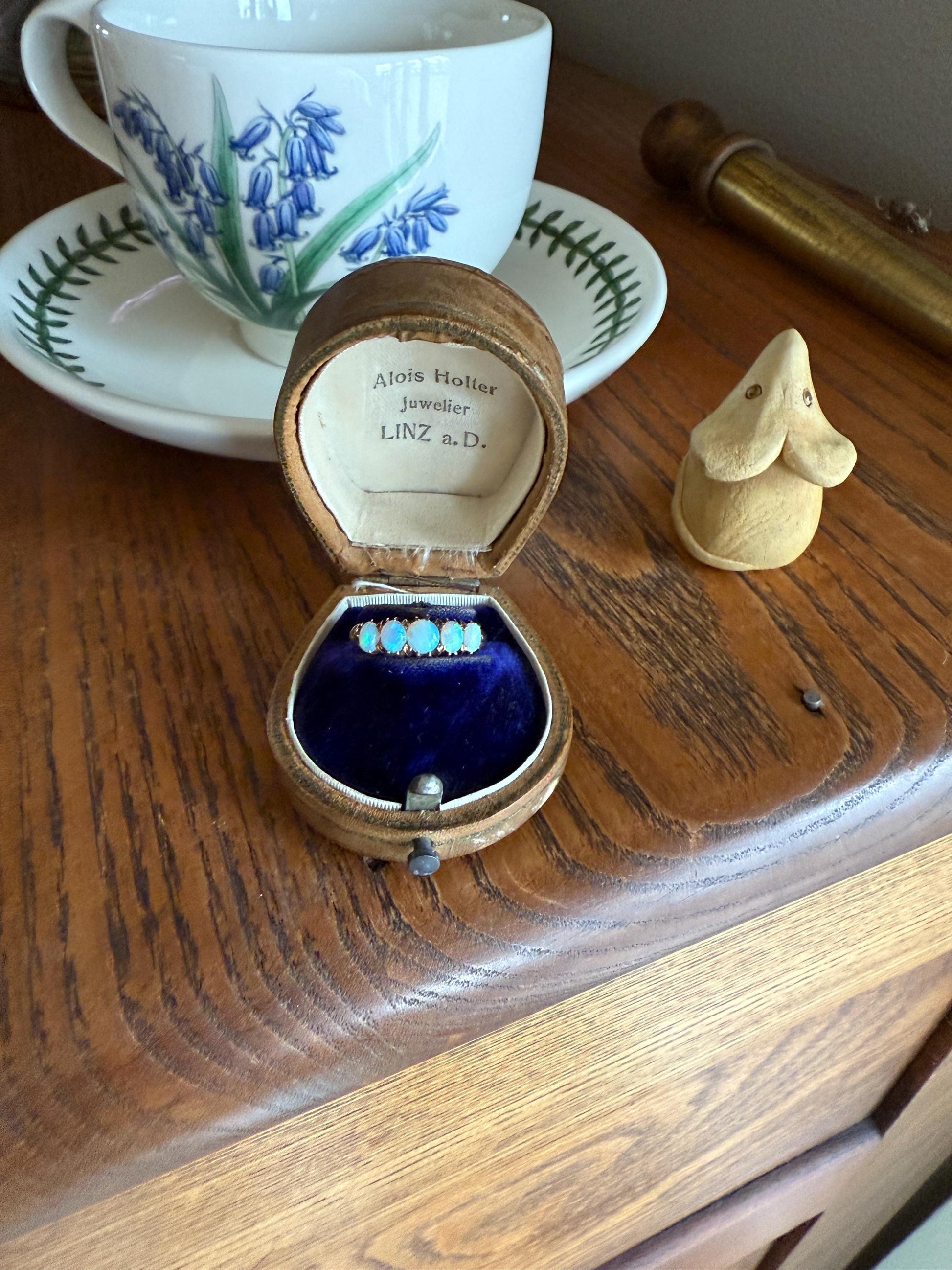 OPAL Antique Blue Five Stone Skinny Band Stacker Ring 14k Rose Gold Linear Edwardian Victorian Romantic Gift Geometric Minimalist Glowing