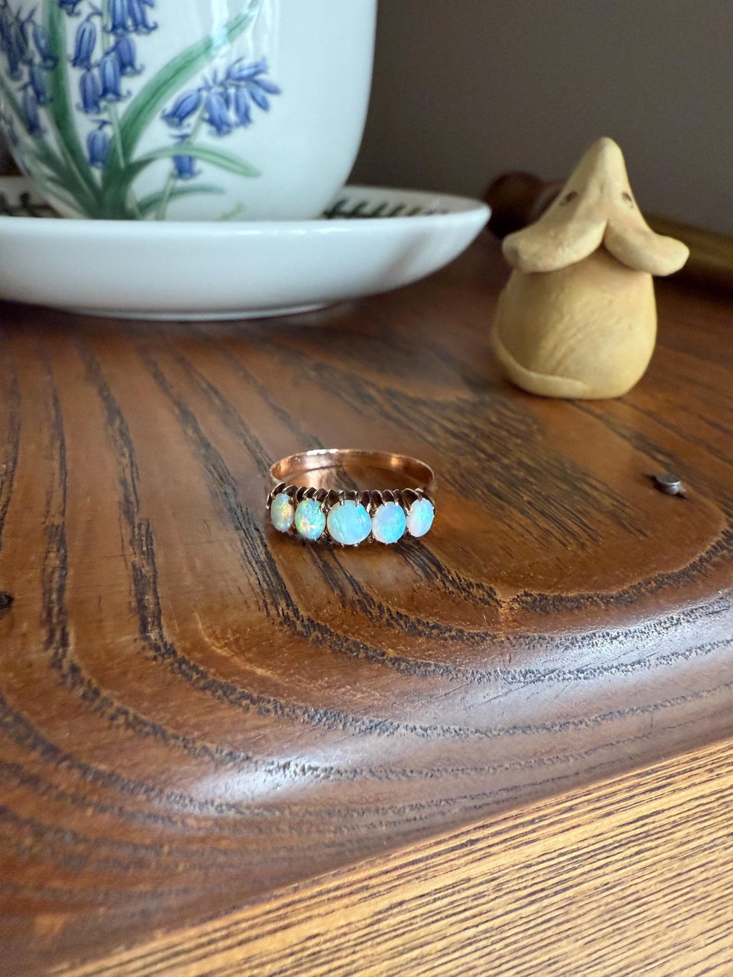 OPAL Antique Blue Five Stone Skinny Band Stacker Ring 14k Rose Gold Linear Edwardian Victorian Romantic Gift Geometric Minimalist Glowing