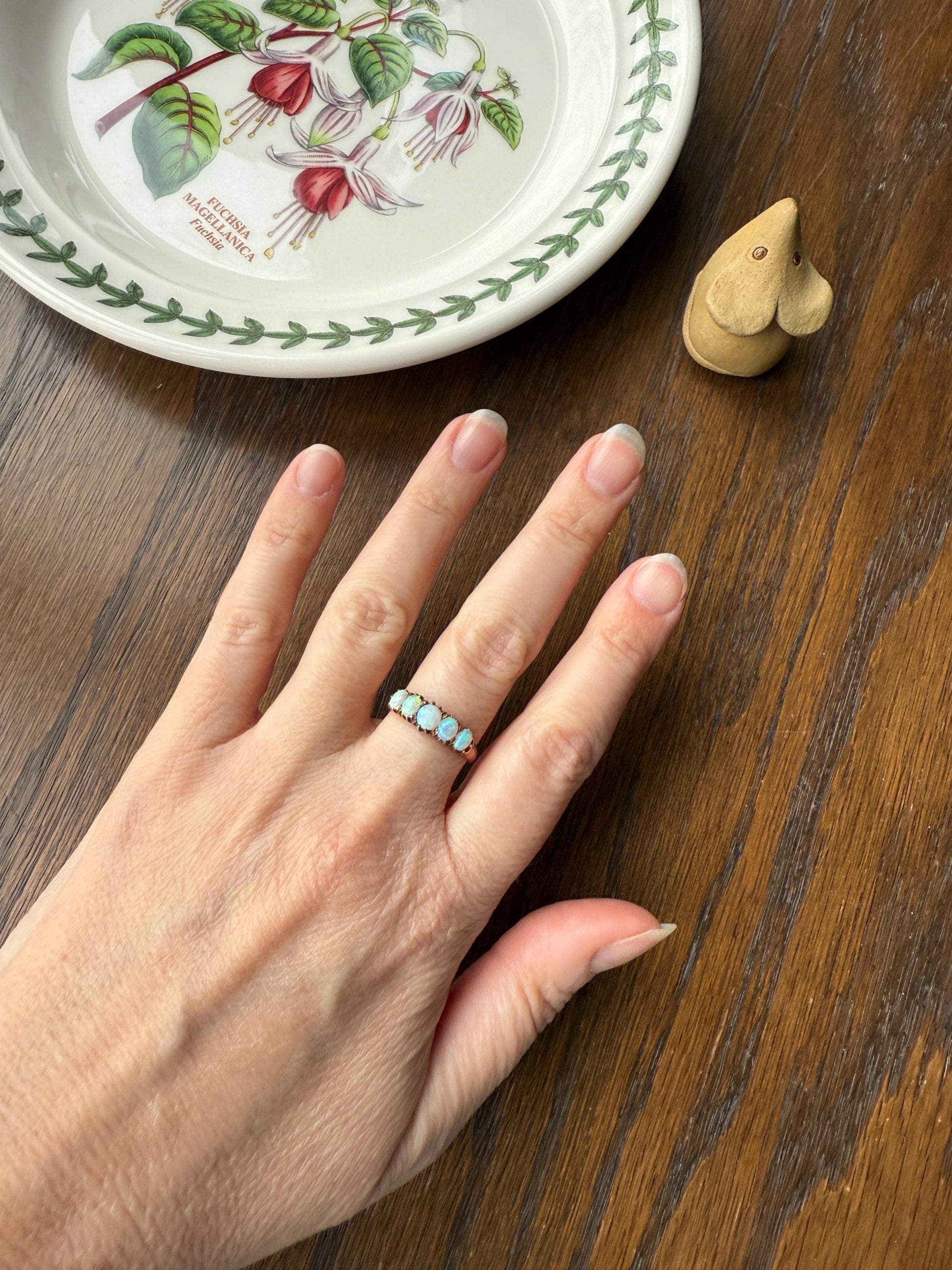 OPAL Antique Blue Five Stone Skinny Band Stacker Ring 14k Rose Gold Linear Edwardian Victorian Romantic Gift Geometric Minimalist Glowing