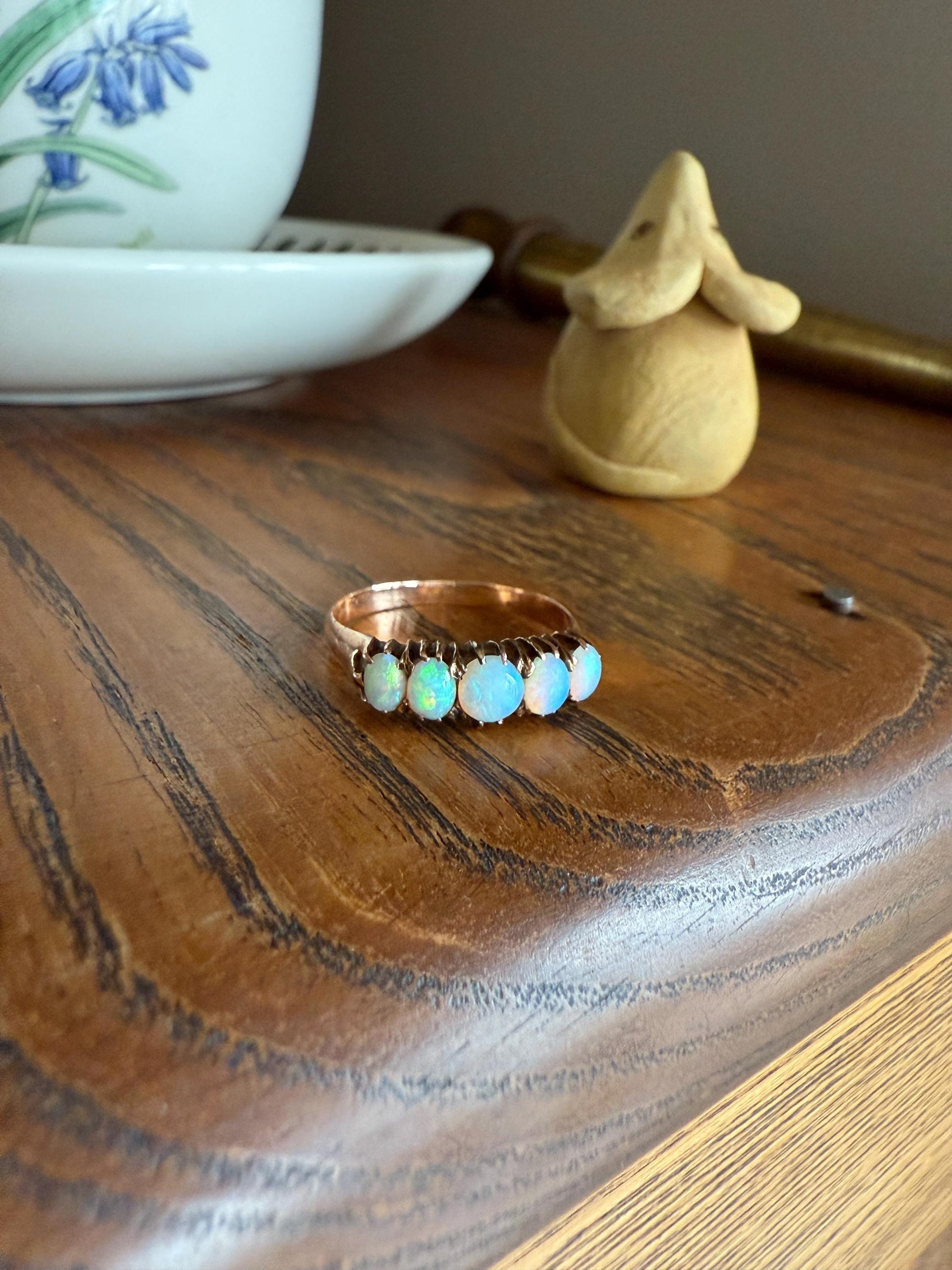 OPAL Antique Blue Five Stone Skinny Band Stacker Ring 14k Rose Gold Linear Edwardian Victorian Romantic Gift Geometric Minimalist Glowing