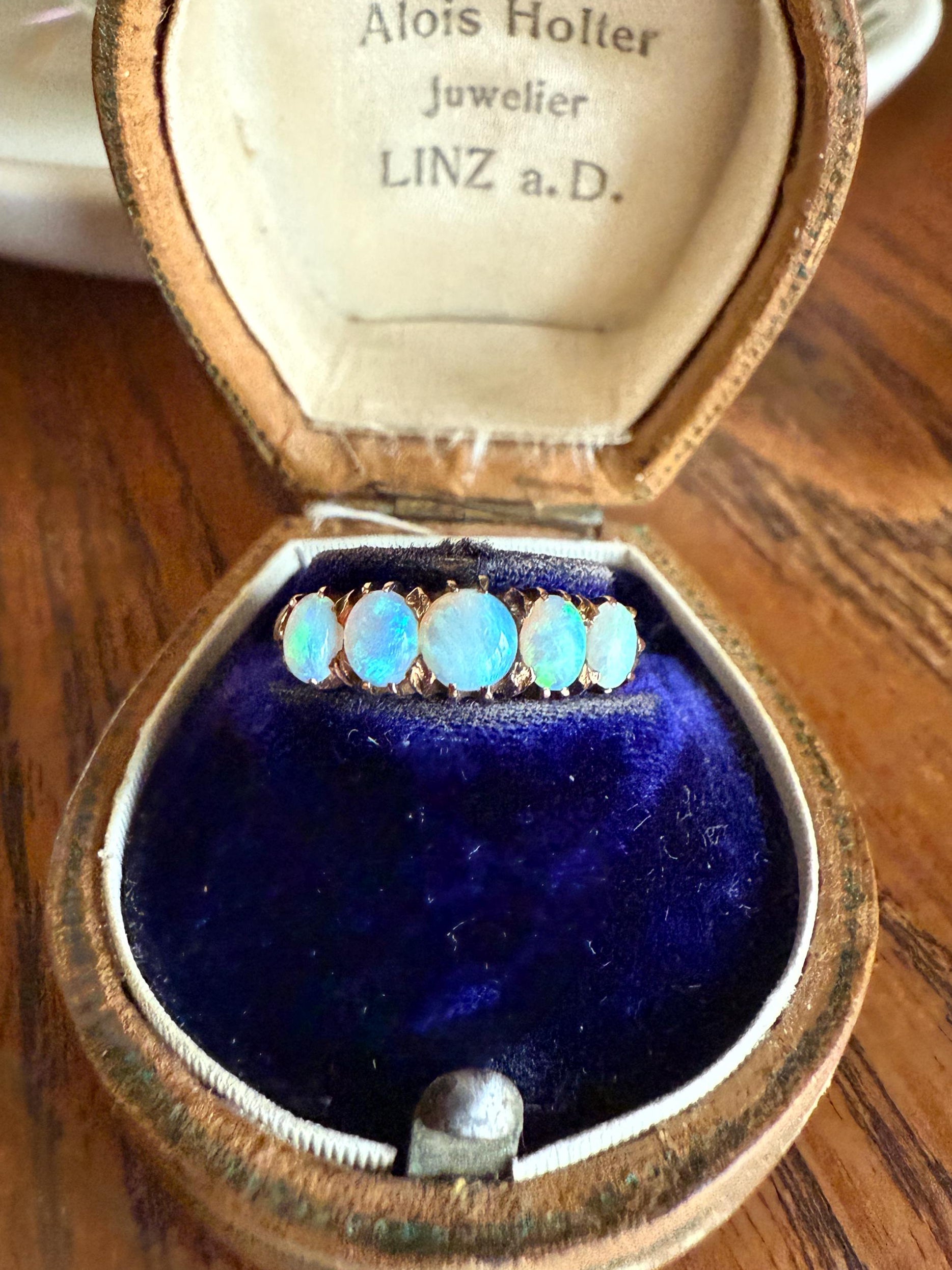 OPAL Antique Blue Five Stone Skinny Band Stacker Ring 14k Rose Gold Linear Edwardian Victorian Romantic Gift Geometric Minimalist Glowing