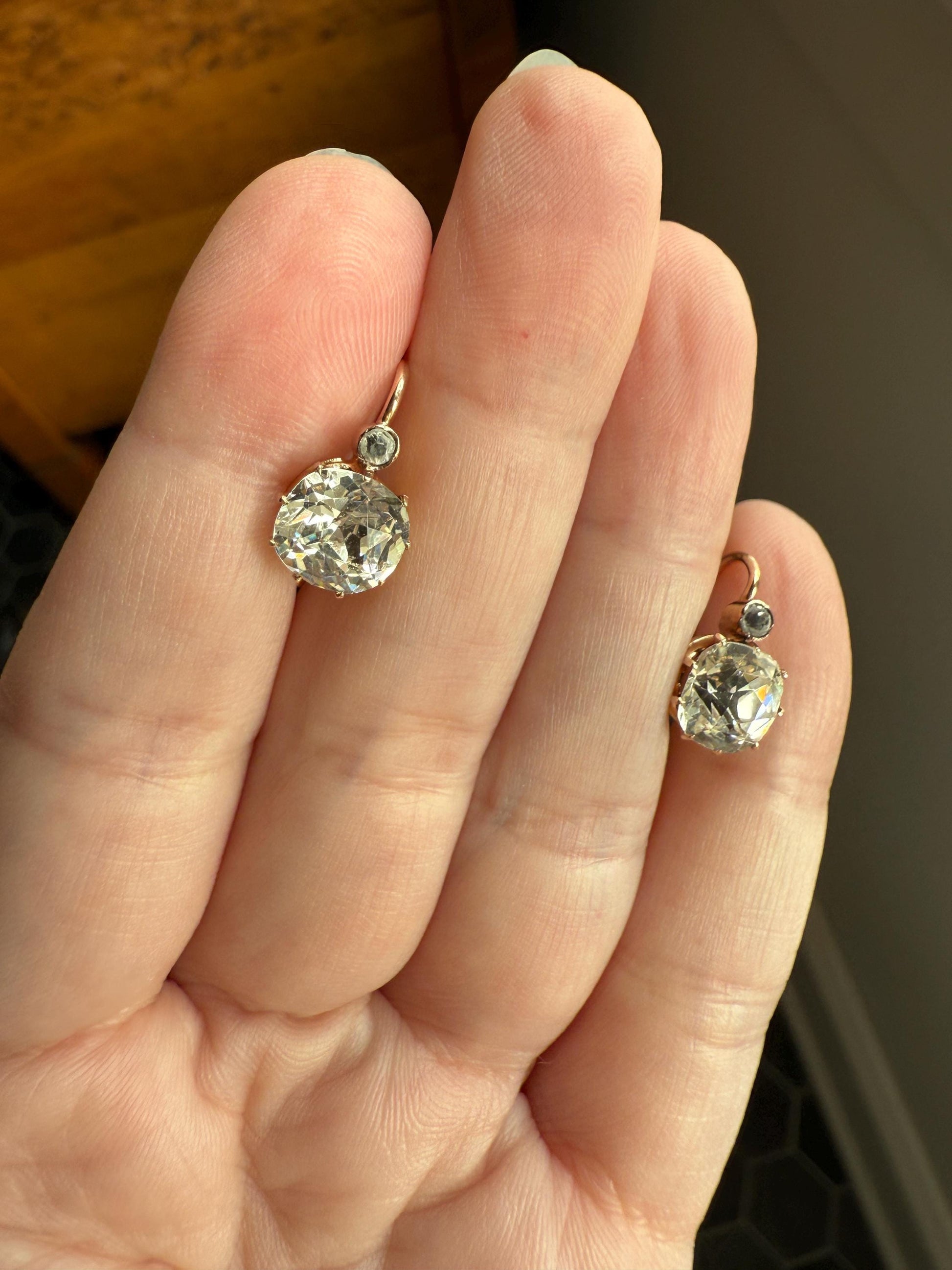 Victorian Large 4.5 Carats Total Antique Dangle Earrings Super Chunky Foiled Paste 18k Gold 4.5ctw Original Hand Made Mounts