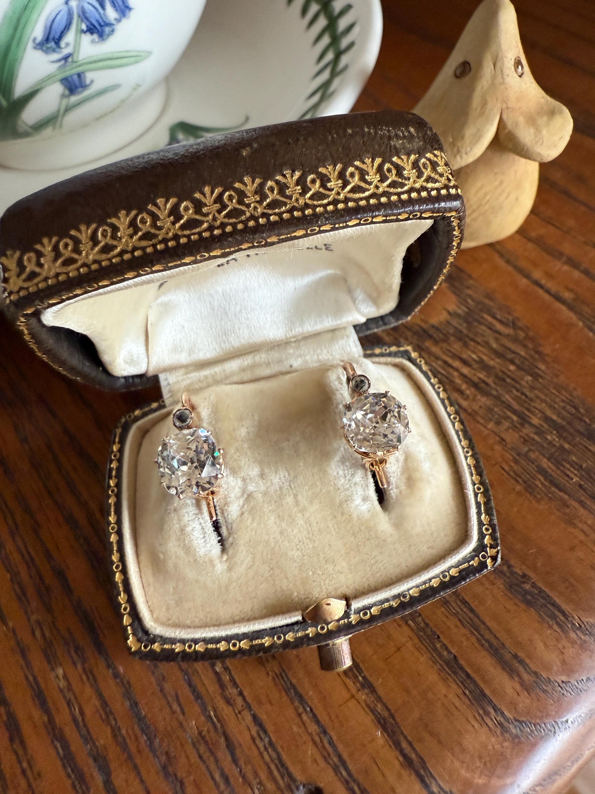 Victorian Large 4.5 Carats Total Antique Dangle Earrings Super Chunky Foiled Paste 18k Gold 4.5ctw Original Hand Made Mounts