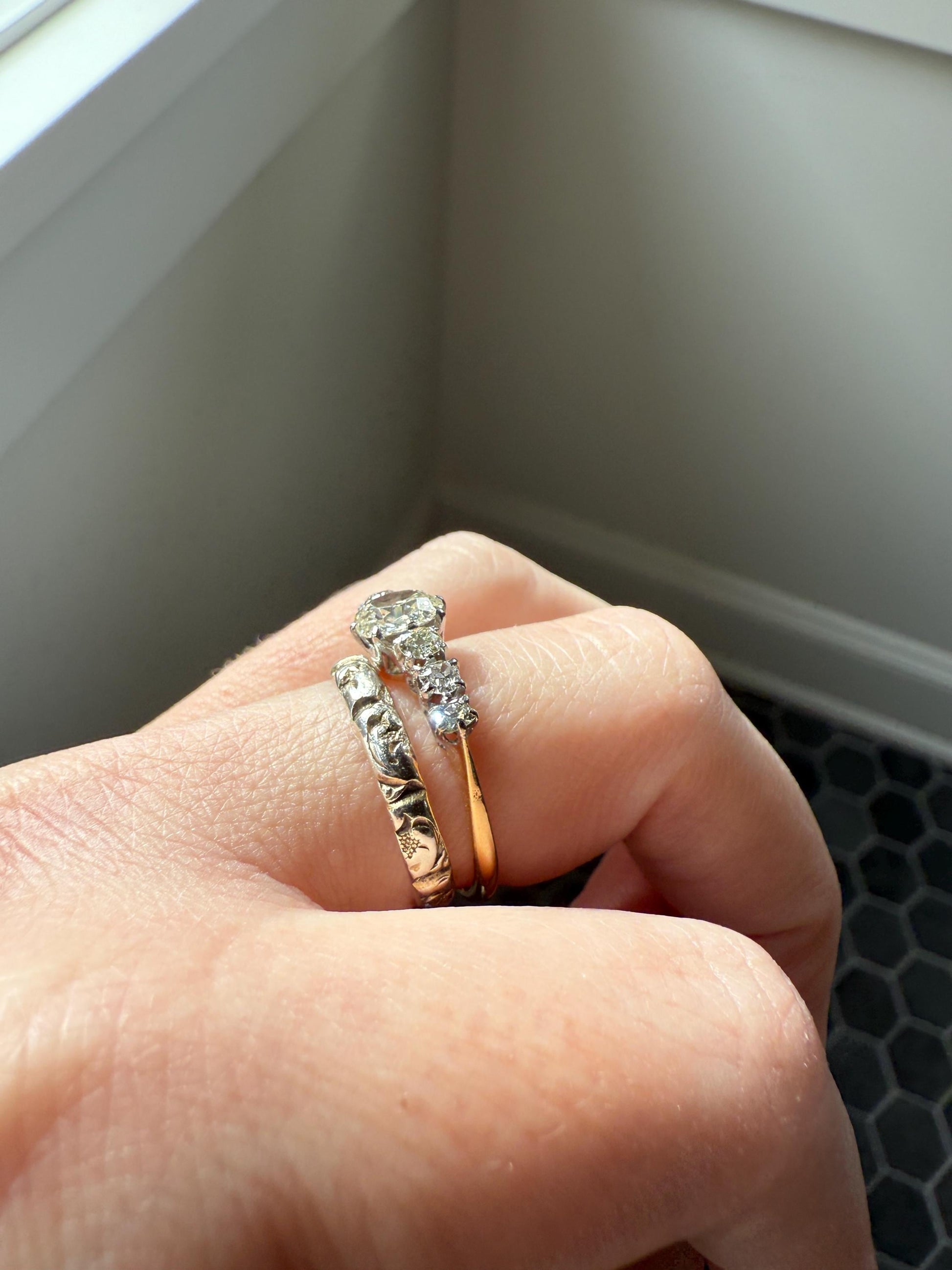 Georgian Era Antique 200 Year Old Gilt Sterling Silver Floral Chased Skinny Wedding Band Stacker Ring